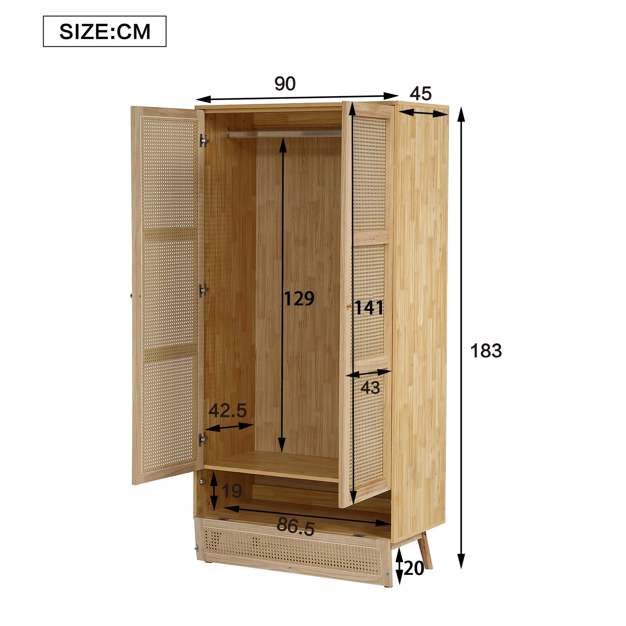 Wardrobe 2-Door Hanging Rail Rattan Net Flip-Top Lid, Natural Chipboard/PE Rattan - Image 5