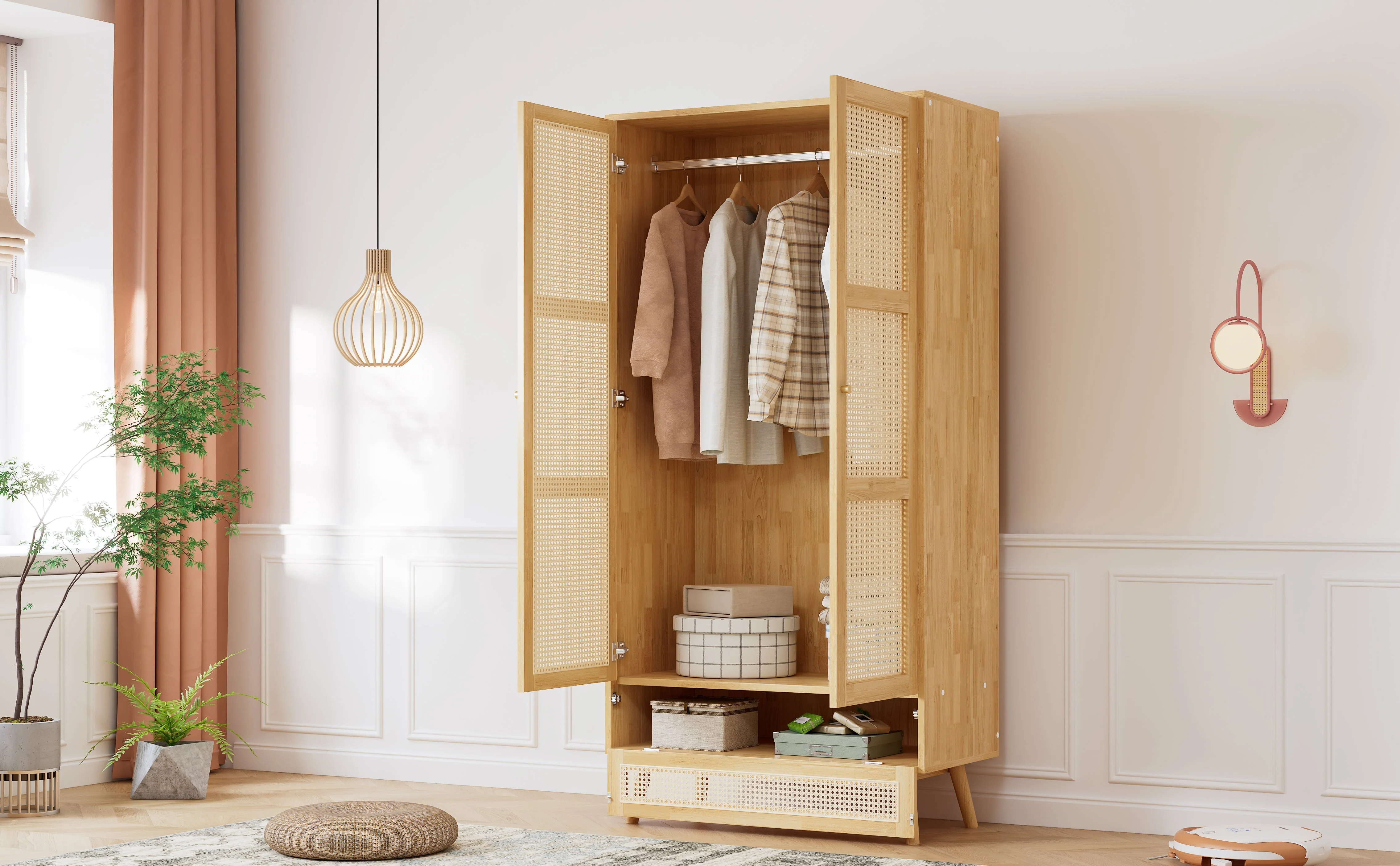 Wardrobe 2-Door Hanging Rail Rattan Net Flip-Top Lid, Natural Chipboard/PE Rattan - Image 6