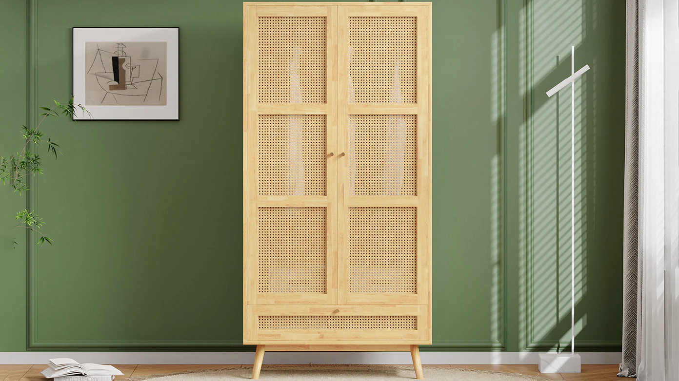 Wardrobe 2-Door Hanging Rail Rattan Net Flip-Top Lid, Natural Chipboard/PE Rattan - Image 8