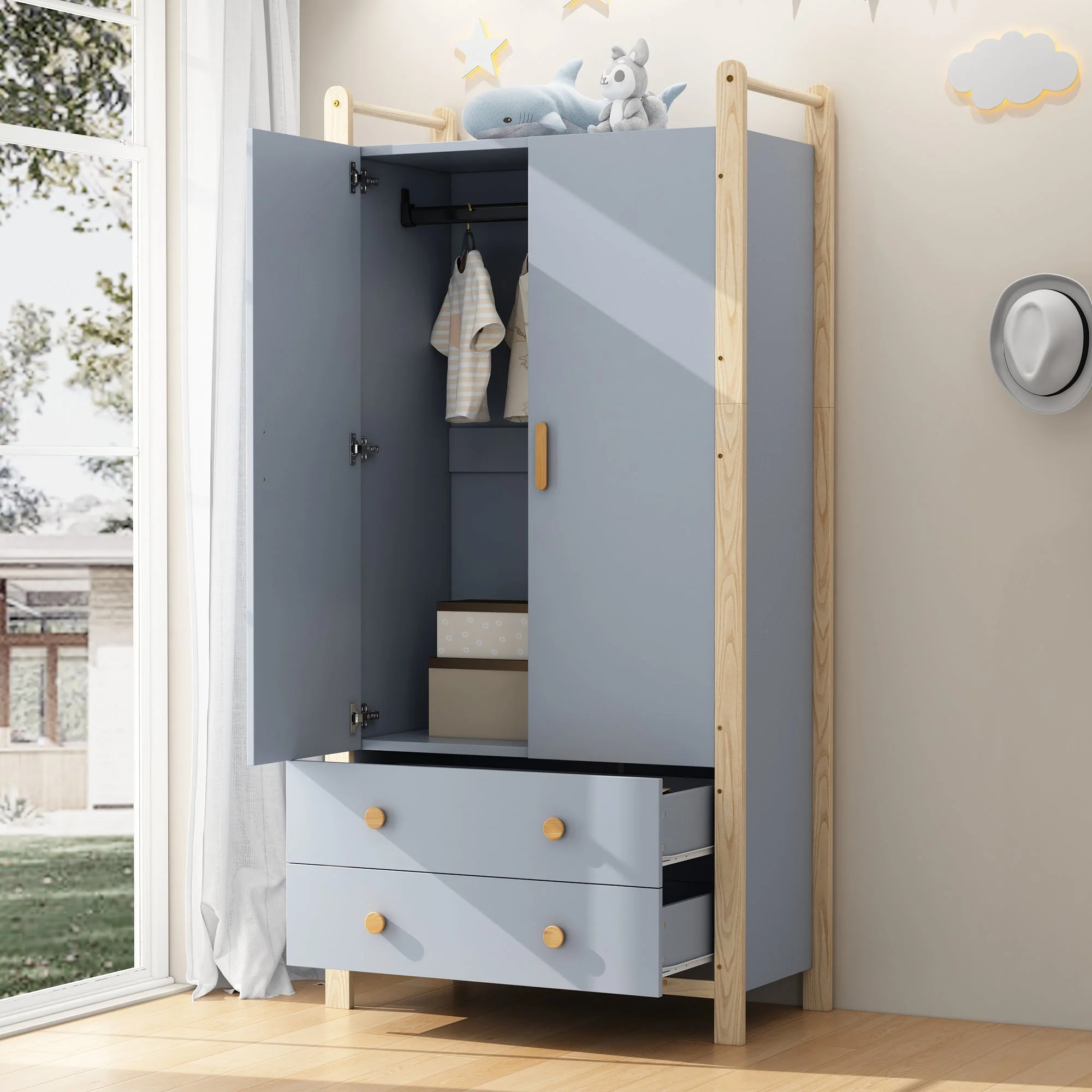 Wardrobe 2-Door with Clothes Rail and 2 Drawers, Blue Chipboard + Pine Frame - Image 2