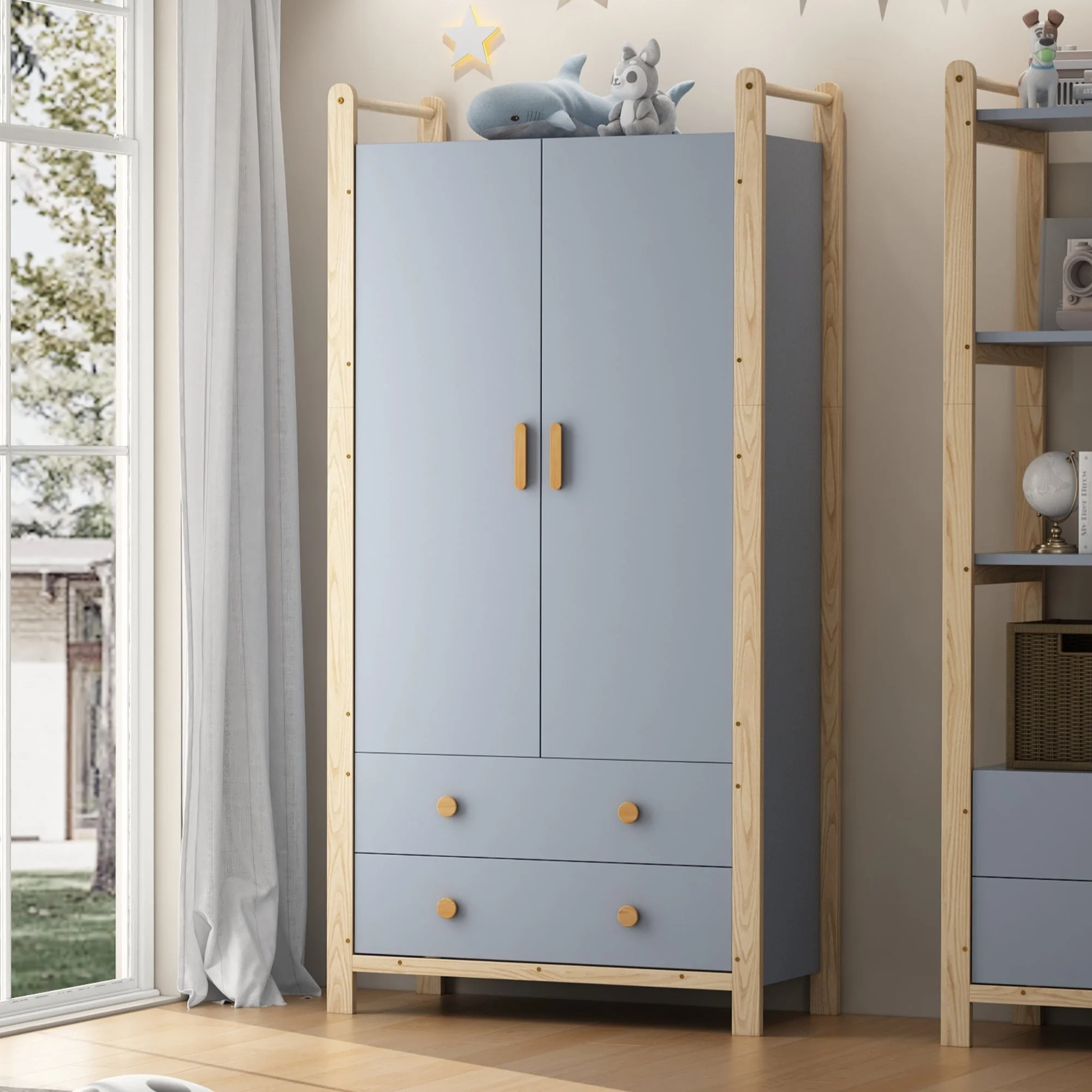Wardrobe 2-Door with Clothes Rail and 2 Drawers, Blue Chipboard + Pine Frame - Image 3