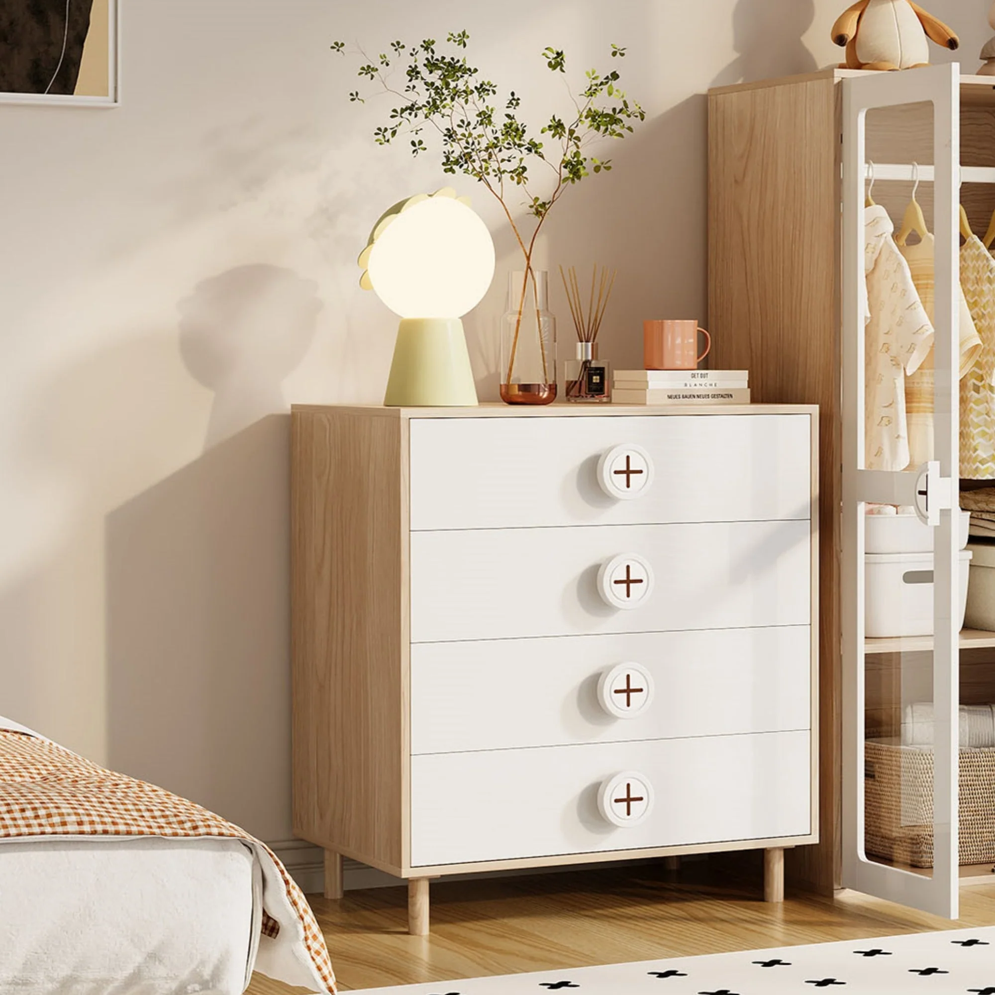 Wardrobe and Chest of Drawers Combination Set, Lacquered Panels and Chipboard, White - Image 7