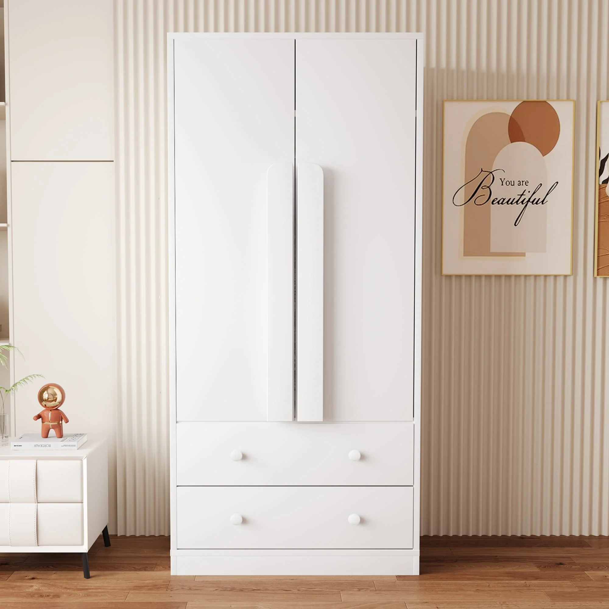 Wardrobe Double Door Drawers Storage 70x40x170cm, White - Image 3