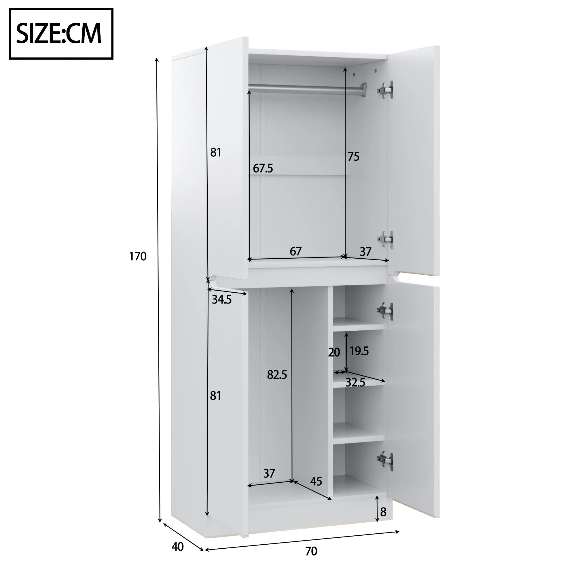 Wardrobe Double Door Storage 70x40x170cm, White - Image 4