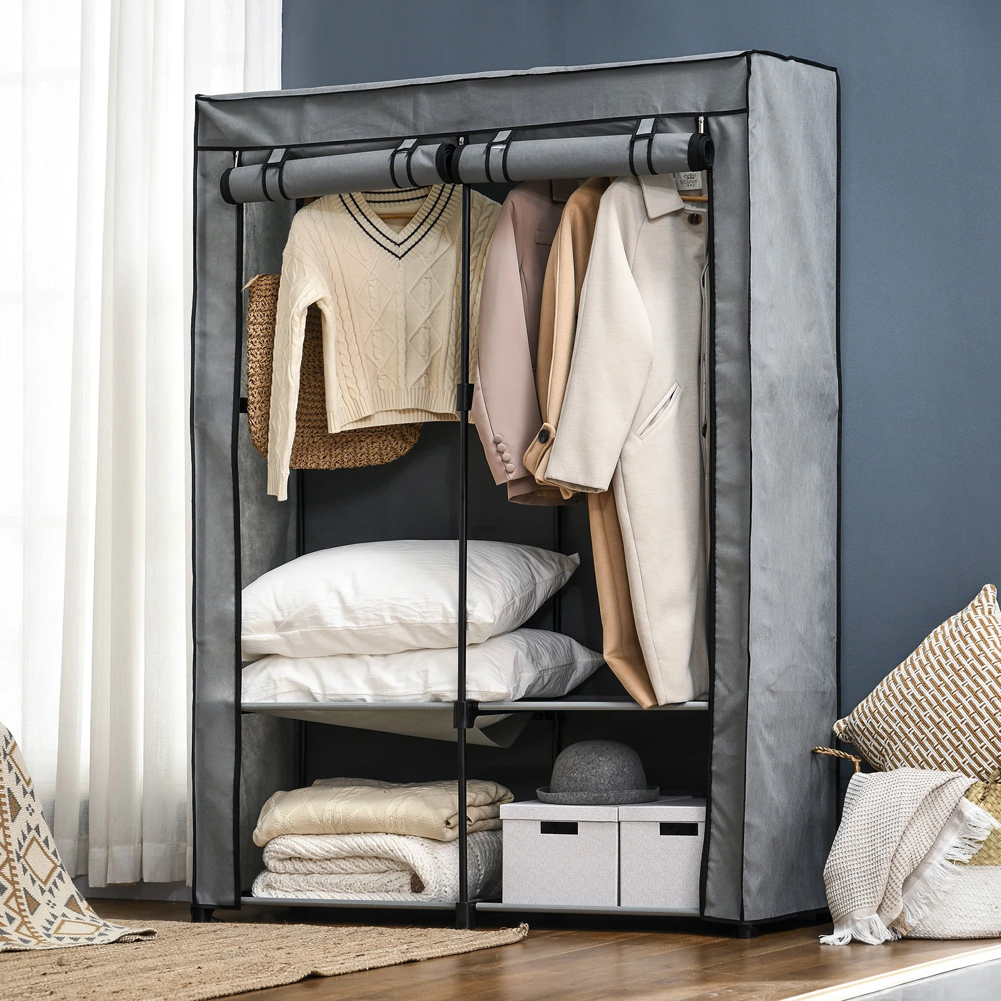 Wardrobe Fabric, Foldable with Zipper, Light Grey - Image 2