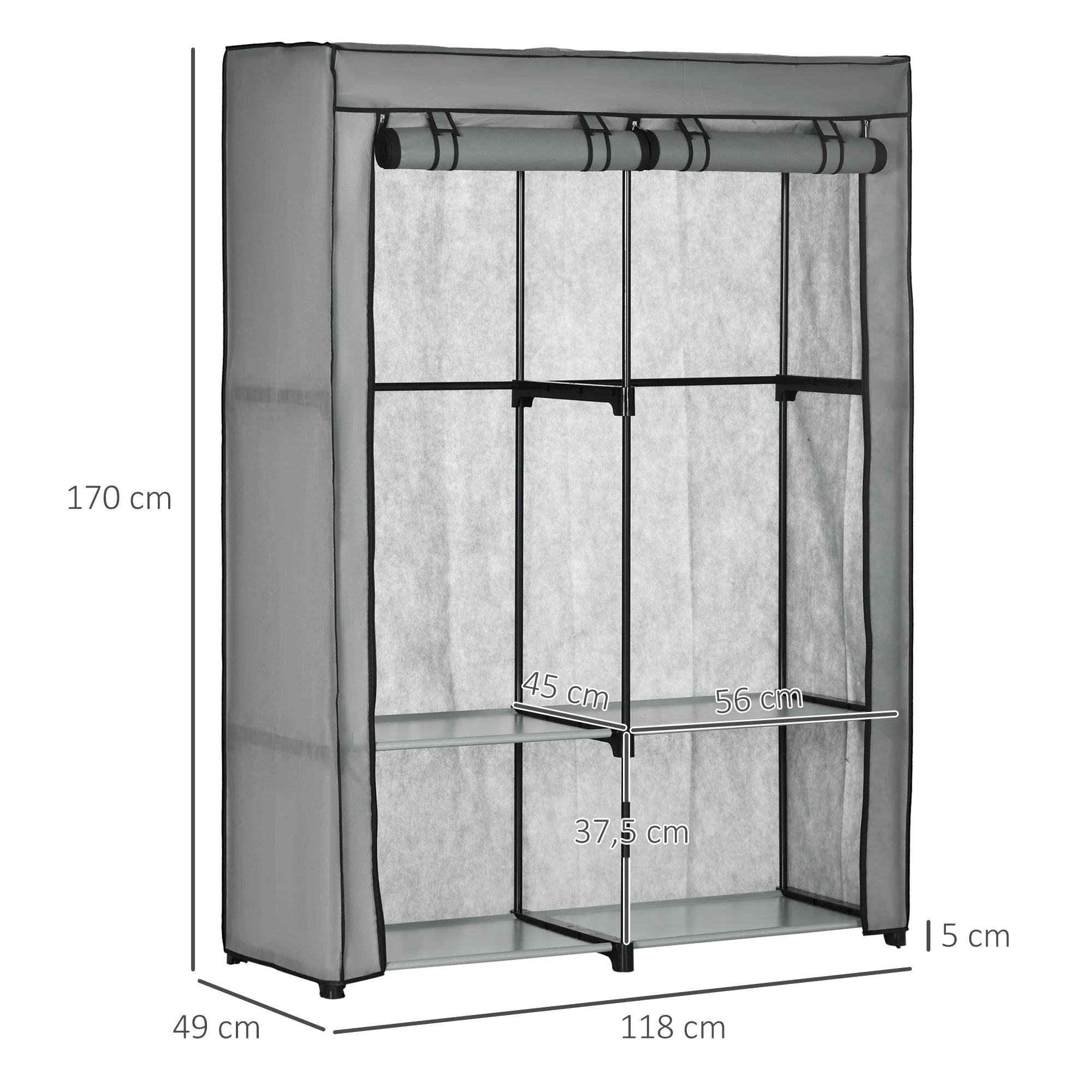 Wardrobe Fabric, Foldable with Zipper, Light Grey - Image 3