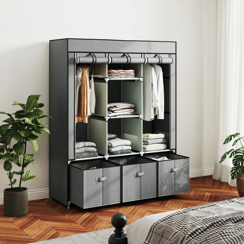 Wardrobe Folding Fabric with Clothes Rail Drawers Zipper, Light Grey - Image 2