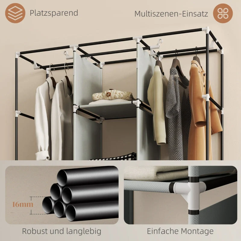 Wardrobe Folding Fabric with Clothes Rail Drawers Zipper, Light Grey - Image 6