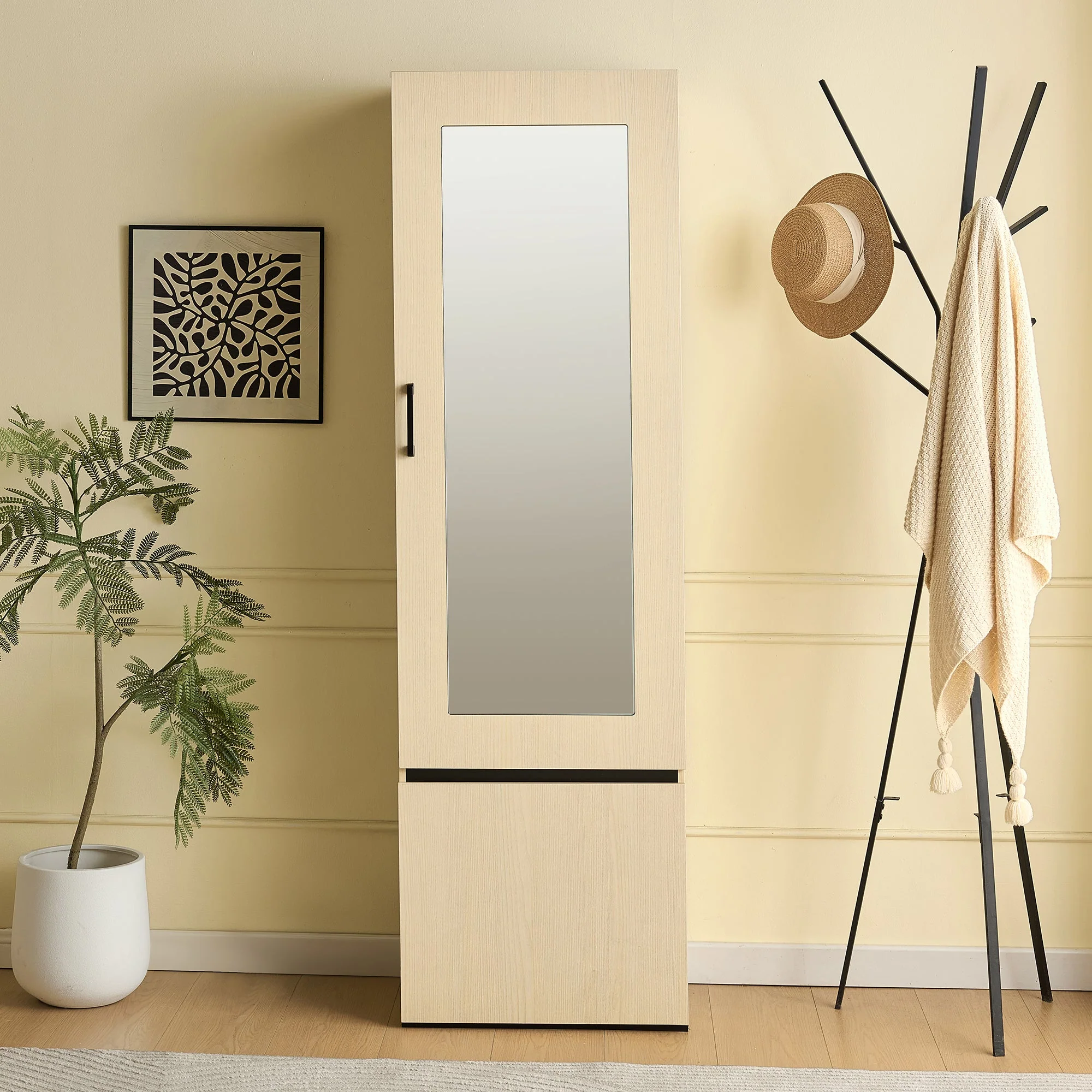 Wardrobe Narrow, Mirror & Pull-Out Rail, Space-Saving MDF - Image 2