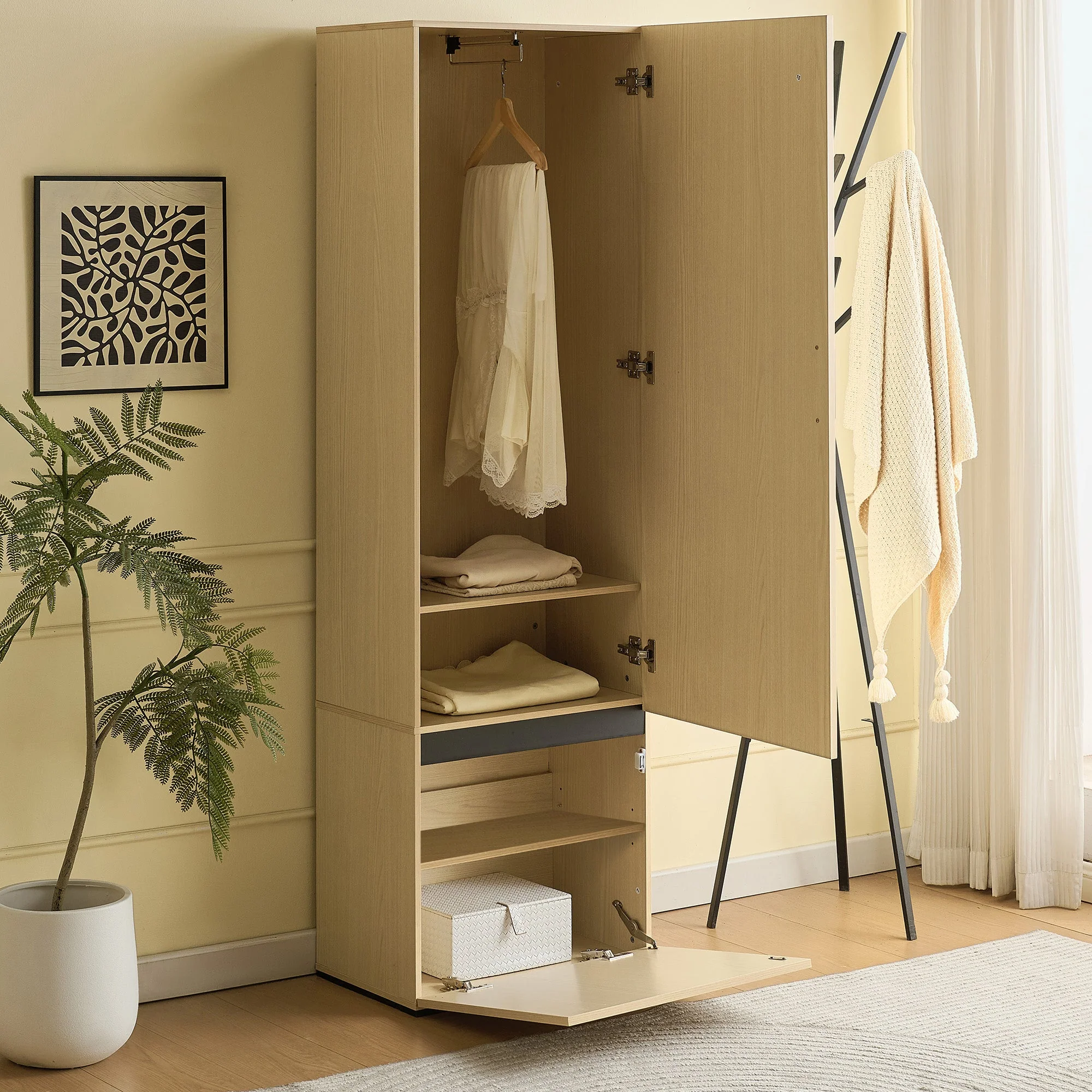 Wardrobe Narrow, Mirror & Pull-Out Rail, Space-Saving MDF - Image 3