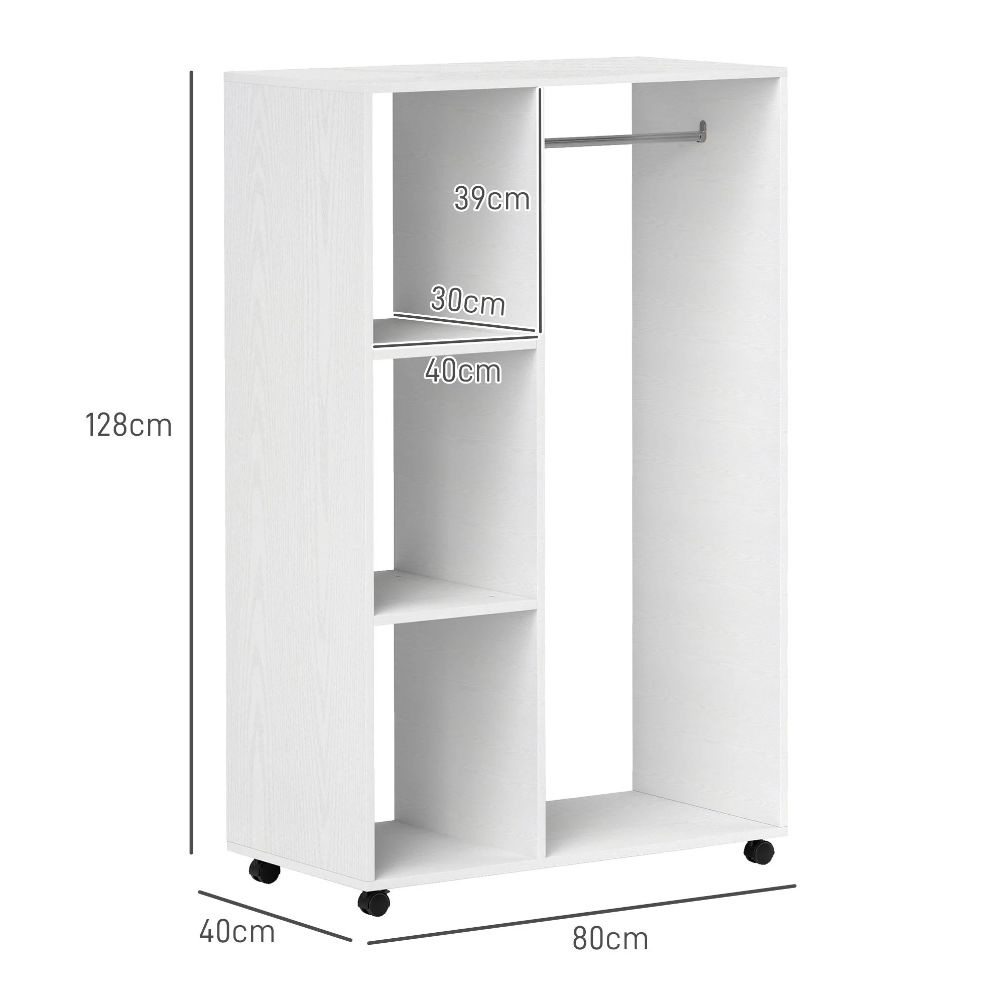 Wardrobe on Wheels, 1 Clothes Rail 3 Shelves Mobile Clothes Rack 80x40x128 cm, White - Image 3