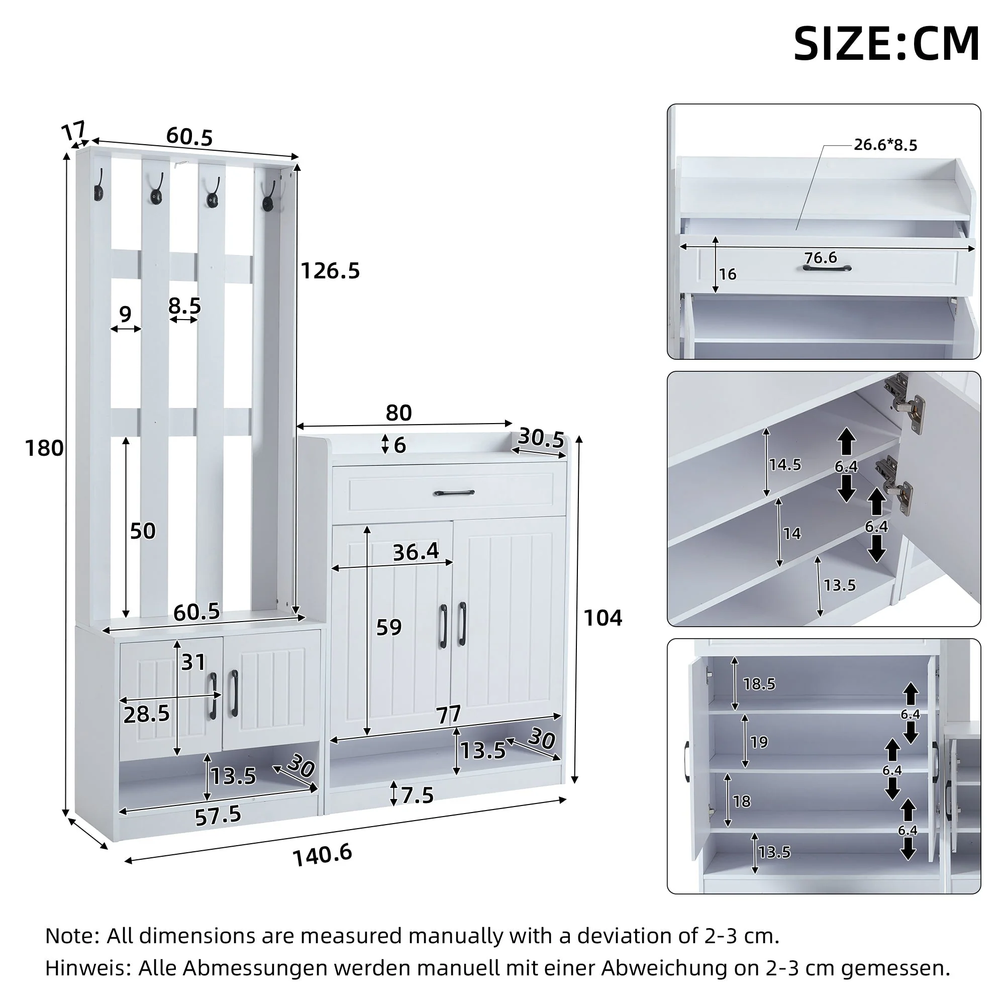 Wardrobe Set 140.6x32x180 cm Hallway Panel Shoe Cabinets, White Matte Finish - Image 6