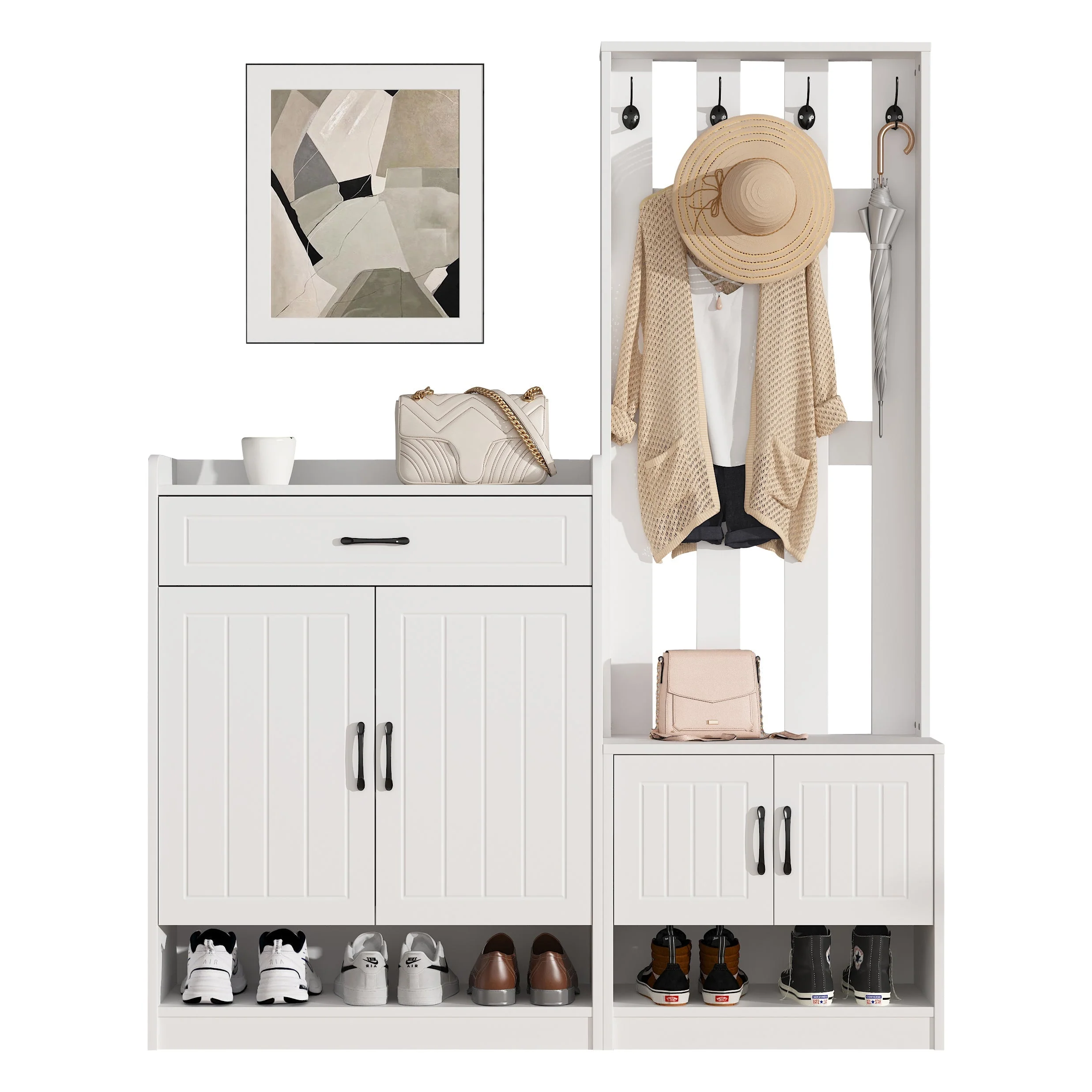 Wardrobe Set 140.6x32x180 cm Hallway Panel Shoe Cabinets, White Matte Finish - Image 8