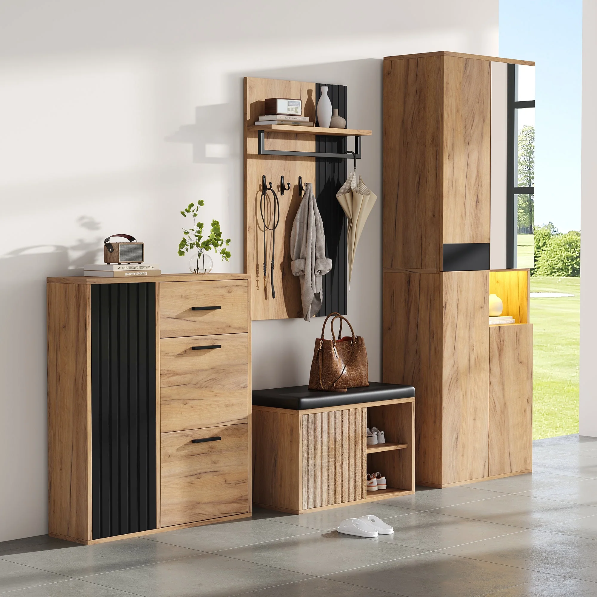 Wardrobe Set 4-Piece Wall-Mounted Coat Rack Shoe Cabinet Shoe Bench, Natural Wood/Black - Image 6