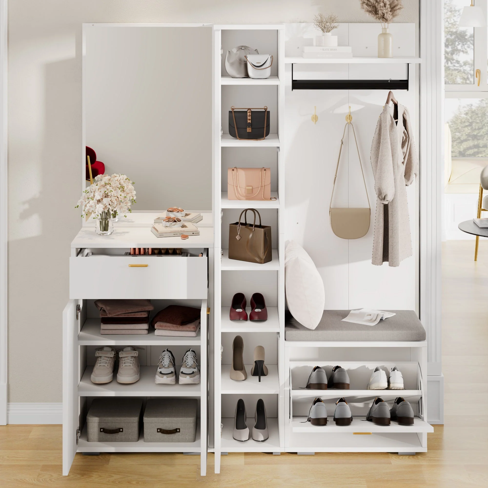 Wardrobe Set Compact Hallway Storage with Mirrored Sideboard Bench Shoe Rack 150x36x180 cm White - Image 5
