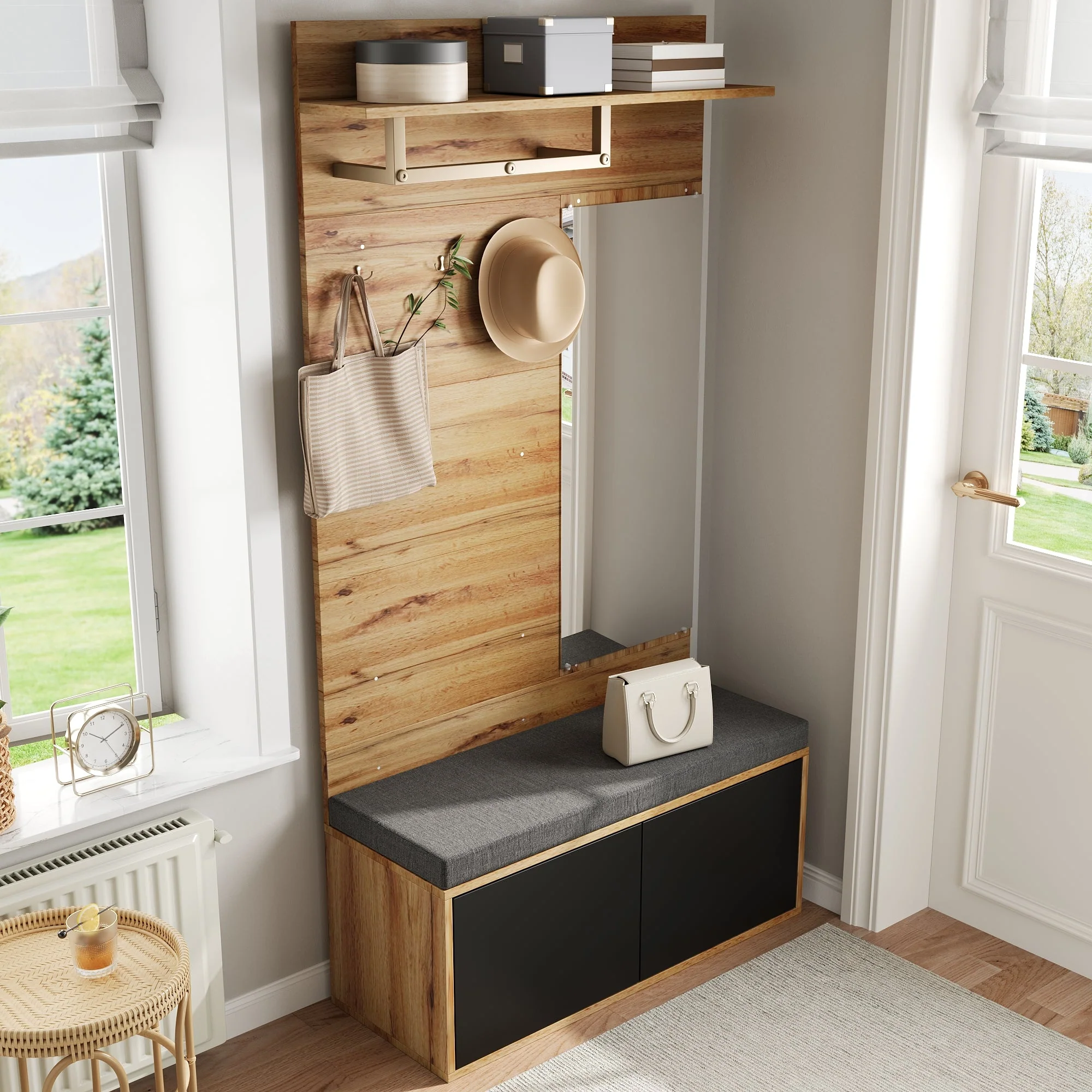 Wardrobe Set Compact Hallway Unit with Mirror, Cushions, and Shoe Cabinet, 100x190x38 cm - Image 4