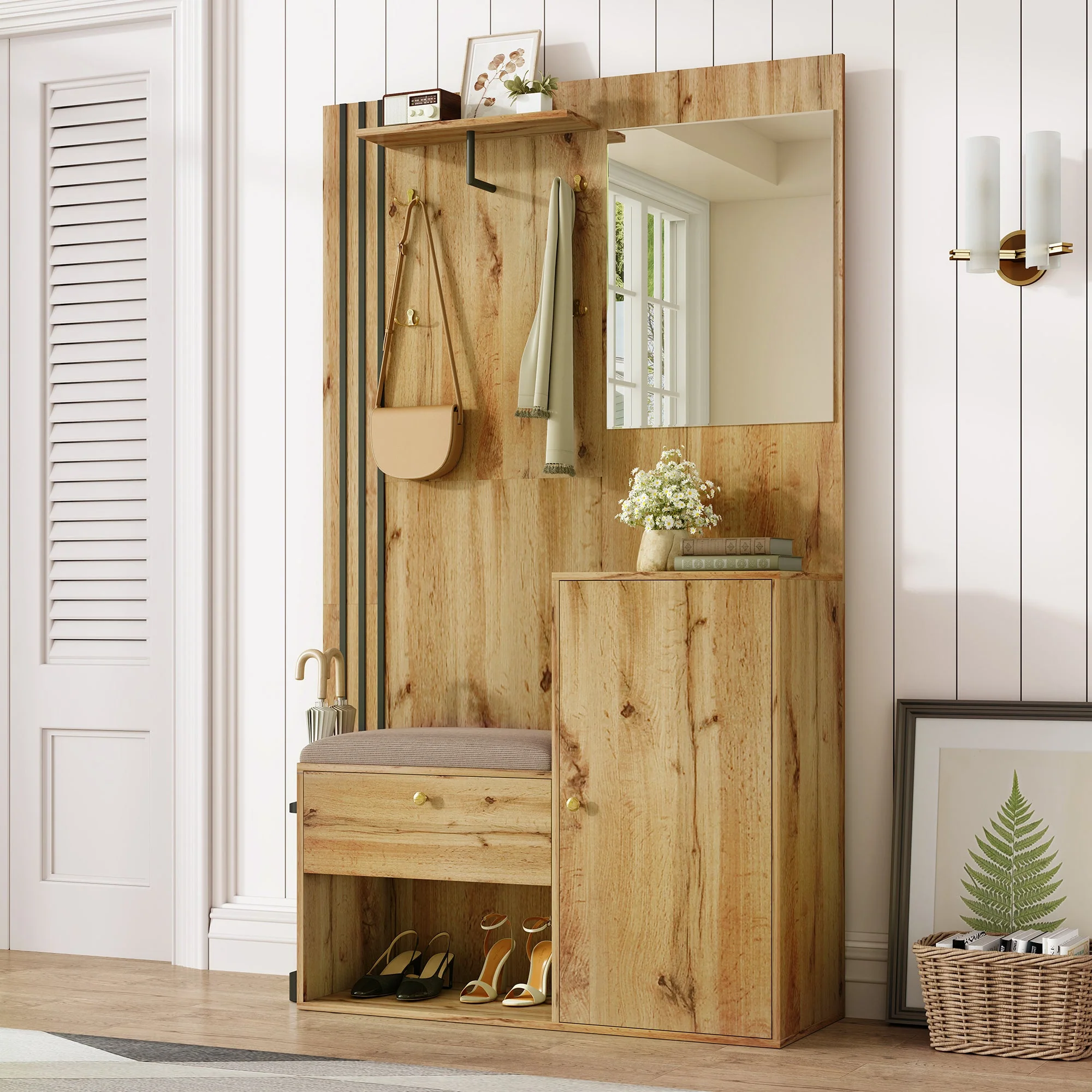 Wardrobe Set, Compact Hallway with Mirror & Cushion, Black Trim - Image 8