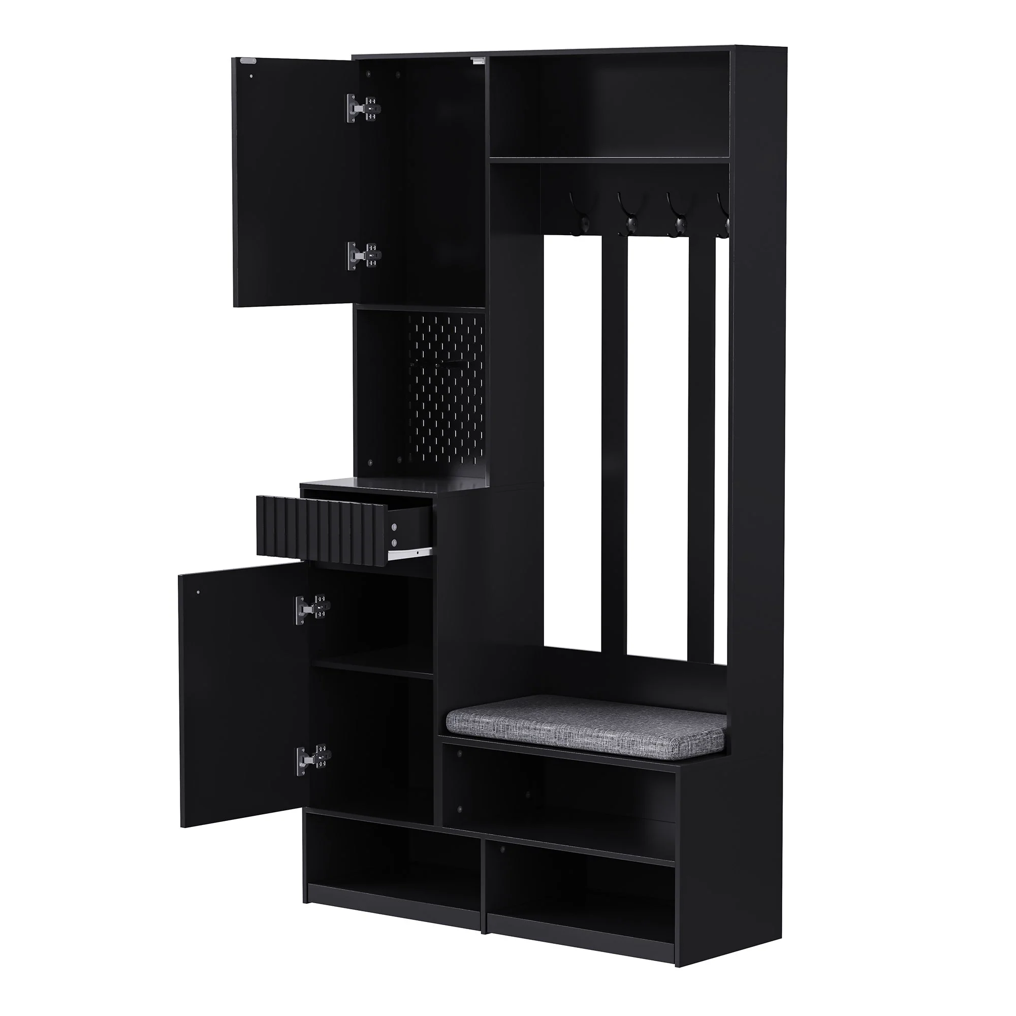 Wardrobe set complete hallway wardrobe set with bench, 4 hooks, doors & drawers - black - Image 9
