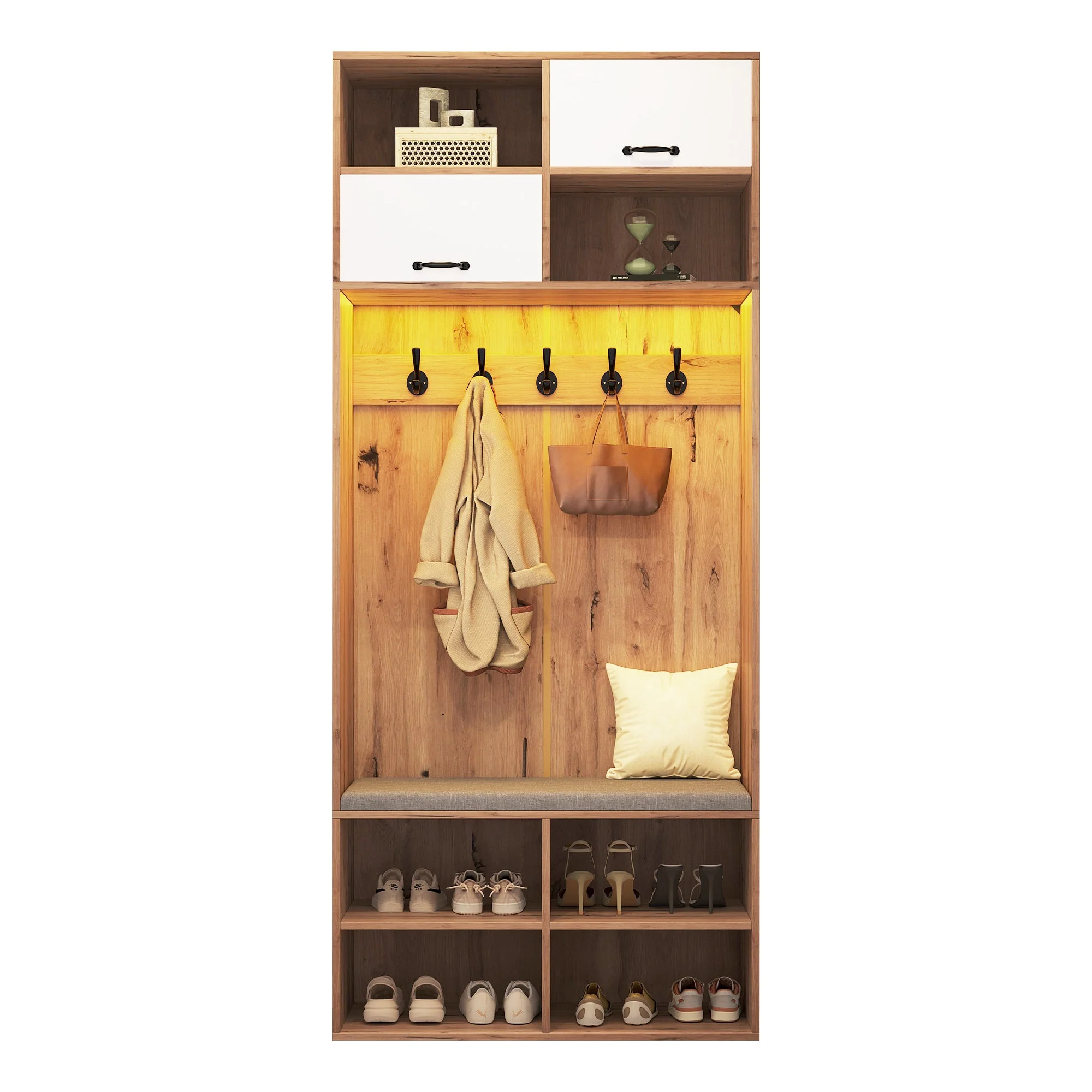 Wardrobe Set Hallway Bench 5 Hooks 2 Doors 6 Storage 80x185x35cm, Natural Wood/White - Image 7