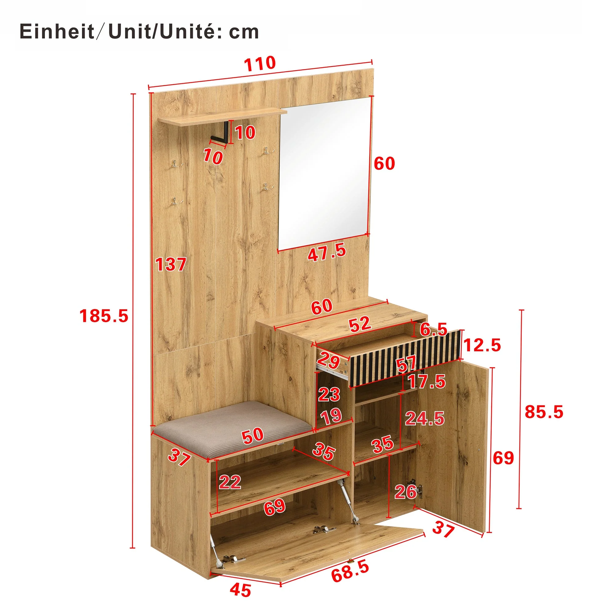Wardrobe Set, Hallway Mirror Cushion Shoe Cabinet, 110x185.5x37cm - Image 8