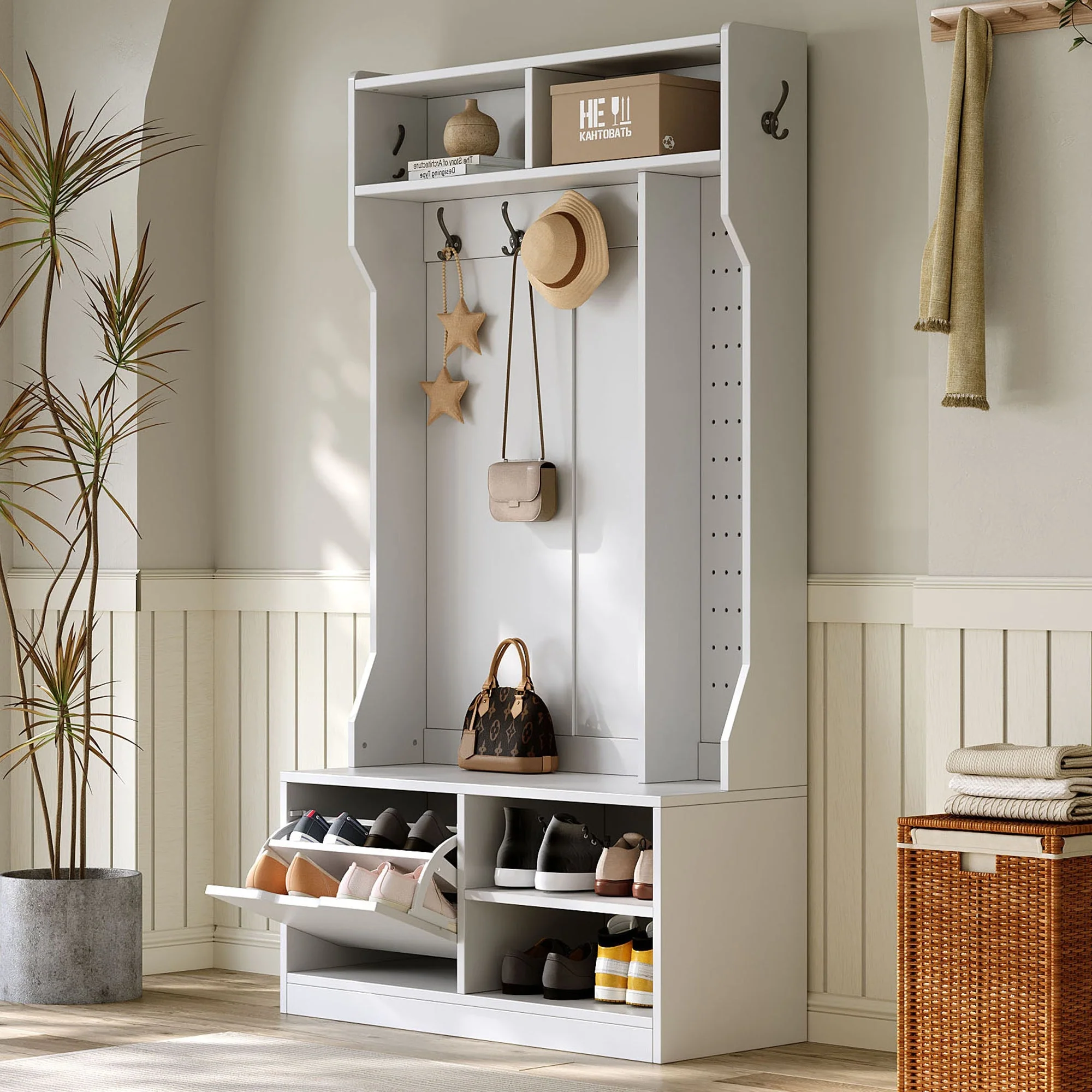 Wardrobe Set Hallway with Bench 6 Hooks 1 Door 4 Storage - White - Image 6