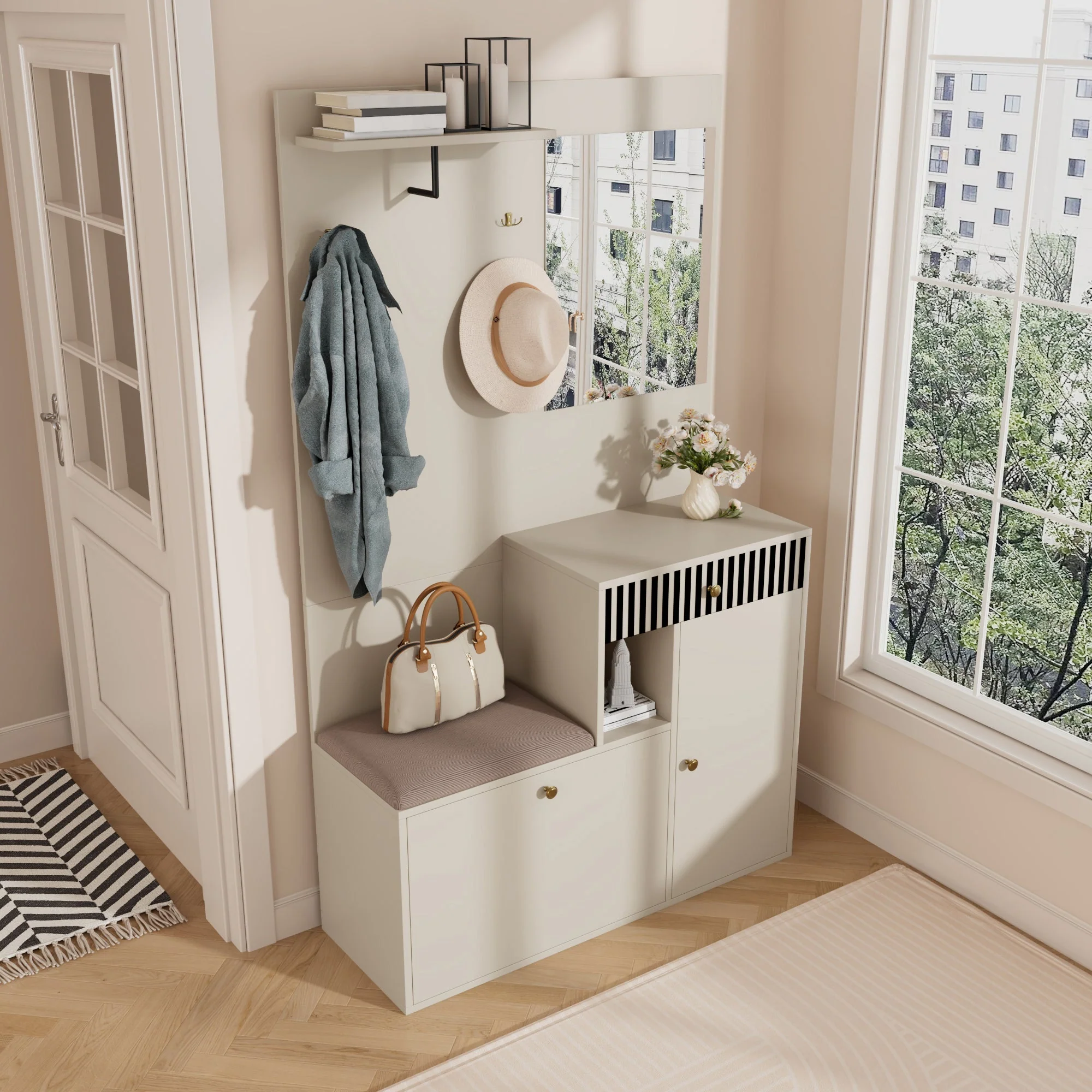 Wardrobe Set, Hallway with Mirror & Cushions, Shoe Cabinet, 110 x 185.5 x 37 cm, Compact - Image 4