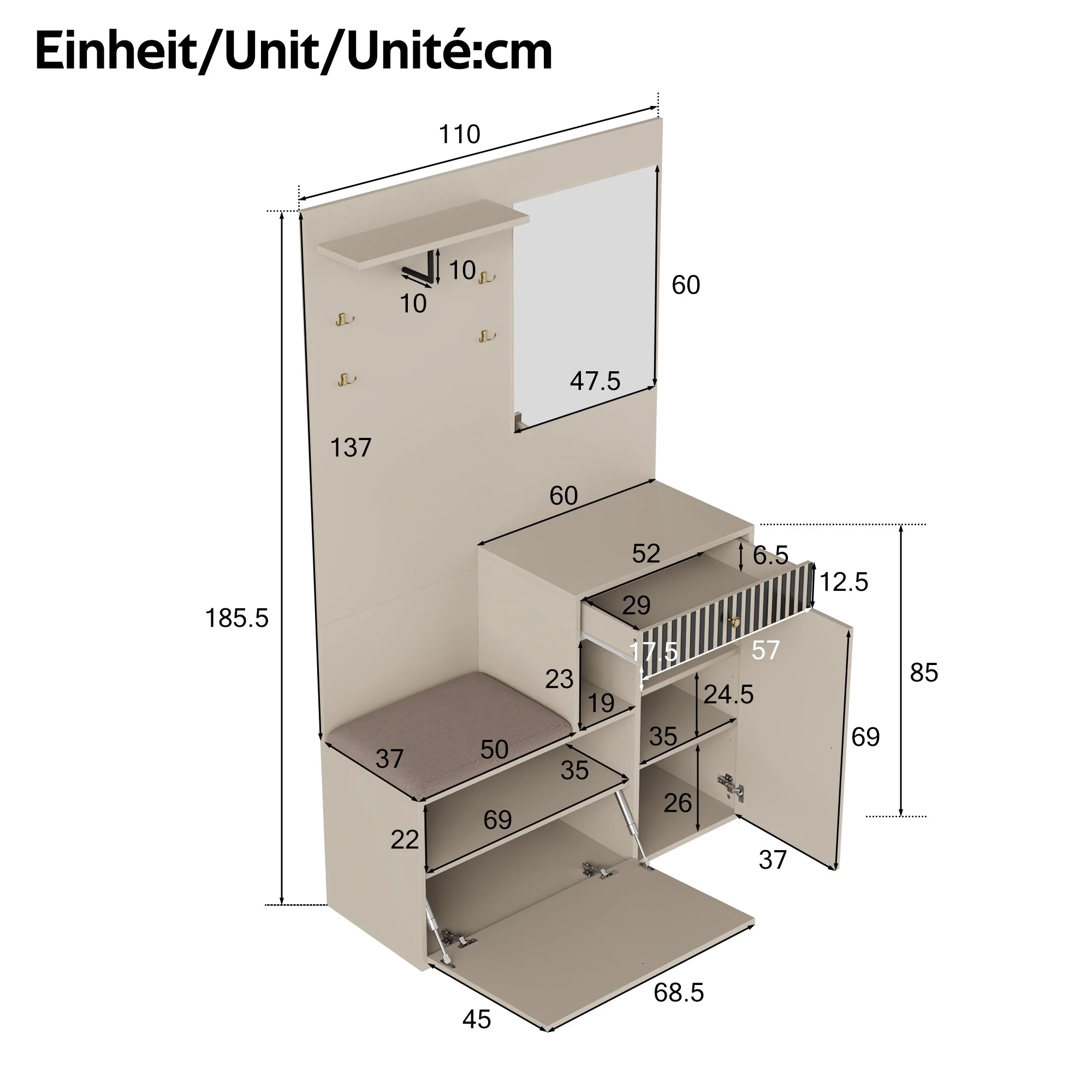 Wardrobe Set, Hallway with Mirror & Cushions, Shoe Cabinet, 110 x 185.5 x 37 cm, Compact - Image 6
