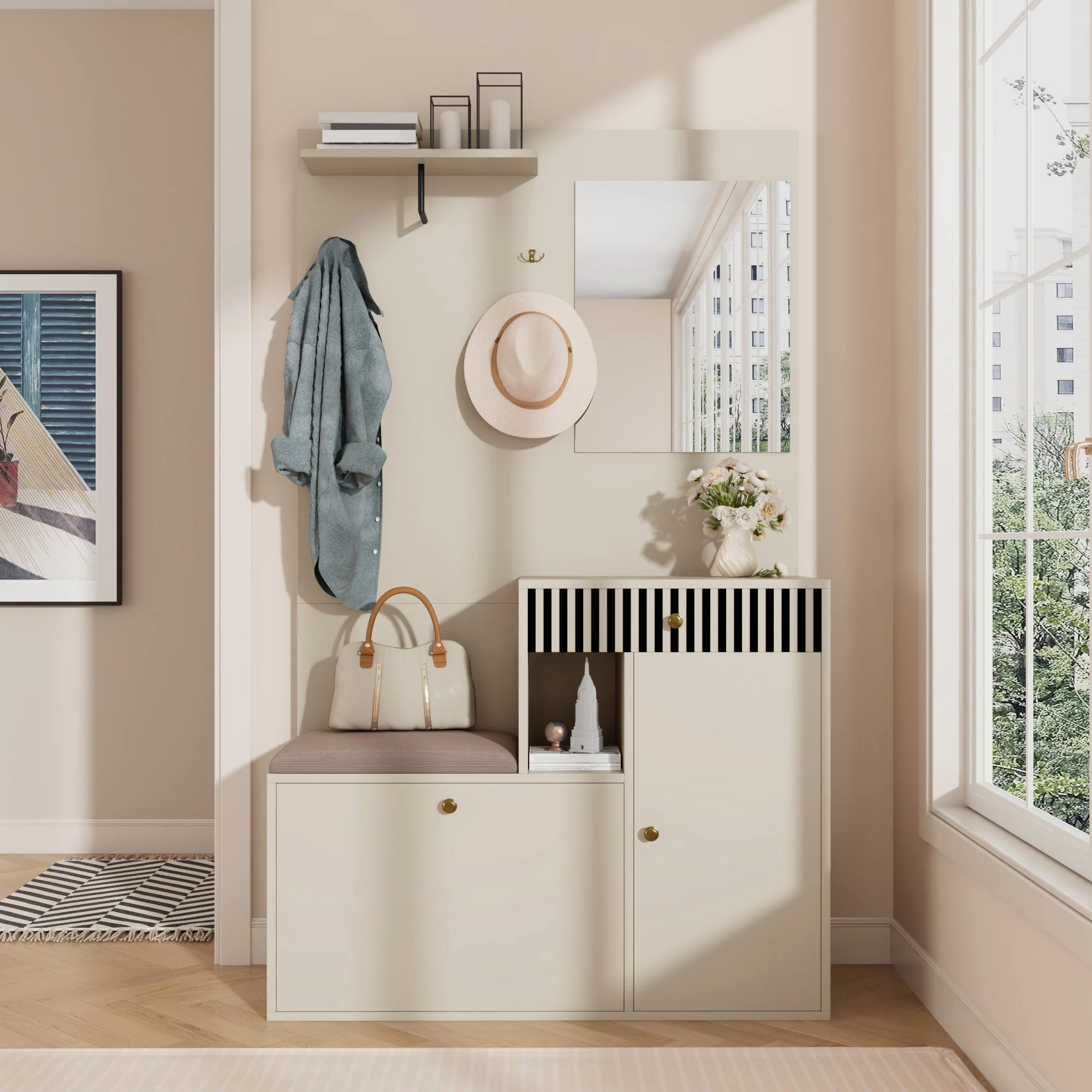 Wardrobe Set, Hallway with Mirror & Cushions, Shoe Cabinet, 110 x 185.5 x 37 cm, Compact - Image 9