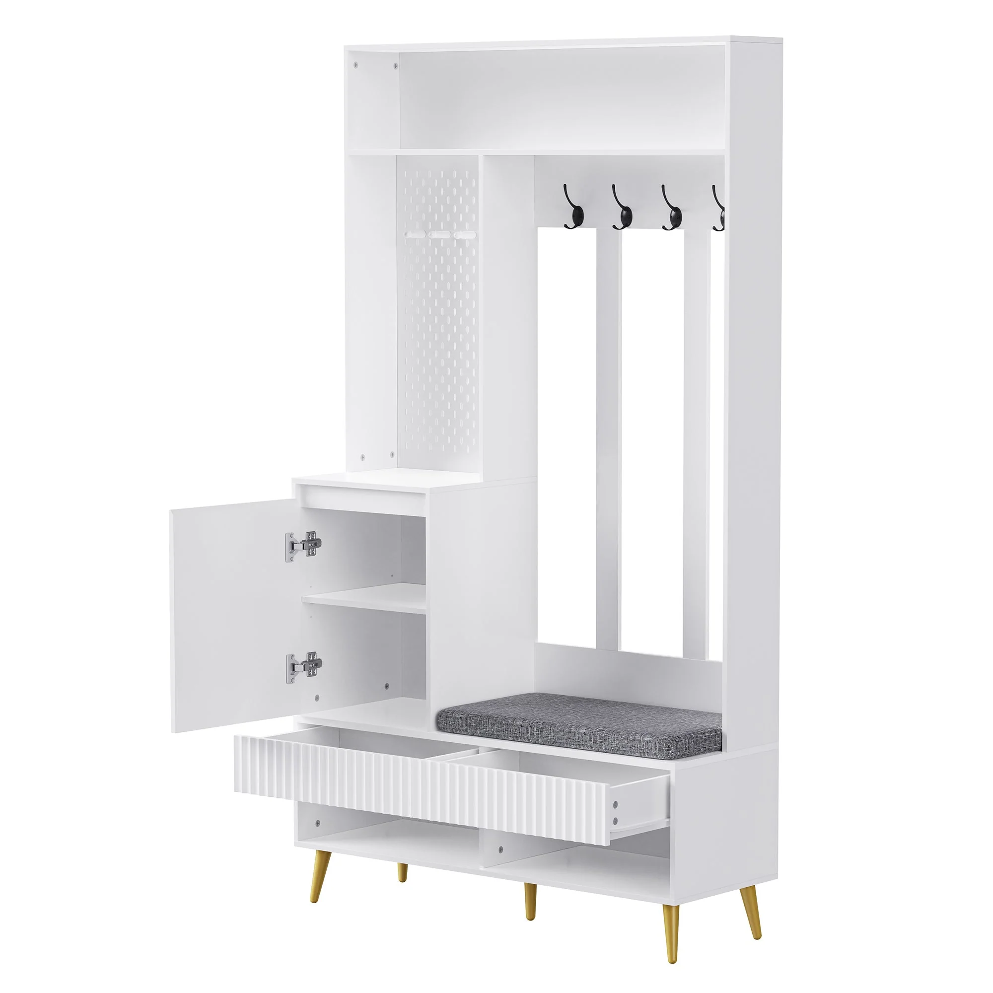 Wardrobe set, hallway with shoe bench, 4 coat hooks, two drawers and 1 door, white - Image 8