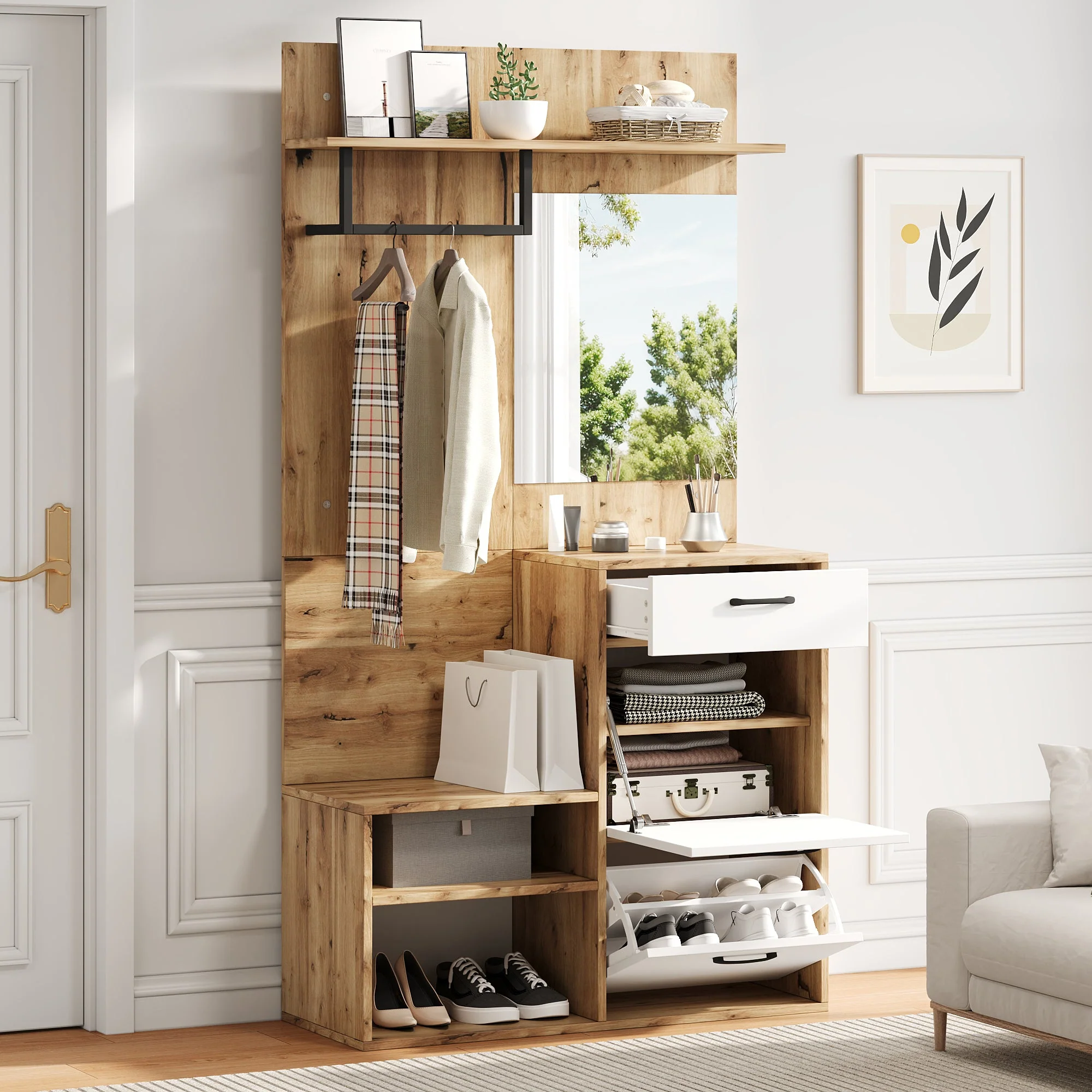Wardrobe Set, Mirror, Shoe Bench, 1 Drawer, 2 Cabinets, White Wood
