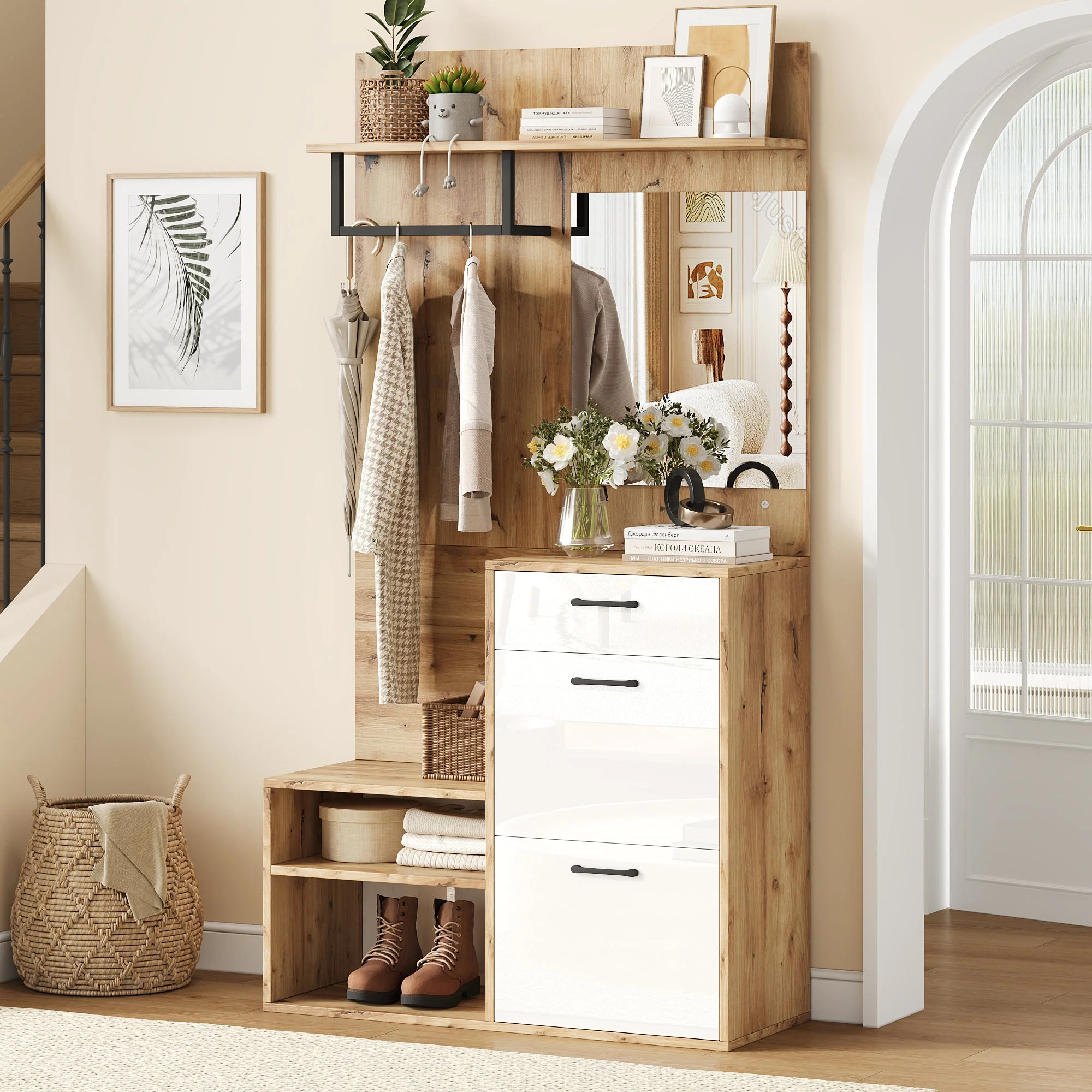 Wardrobe Set, Mirror, Shoe Bench, 1 Drawer, 2 Cabinets, White Wood - Image 3