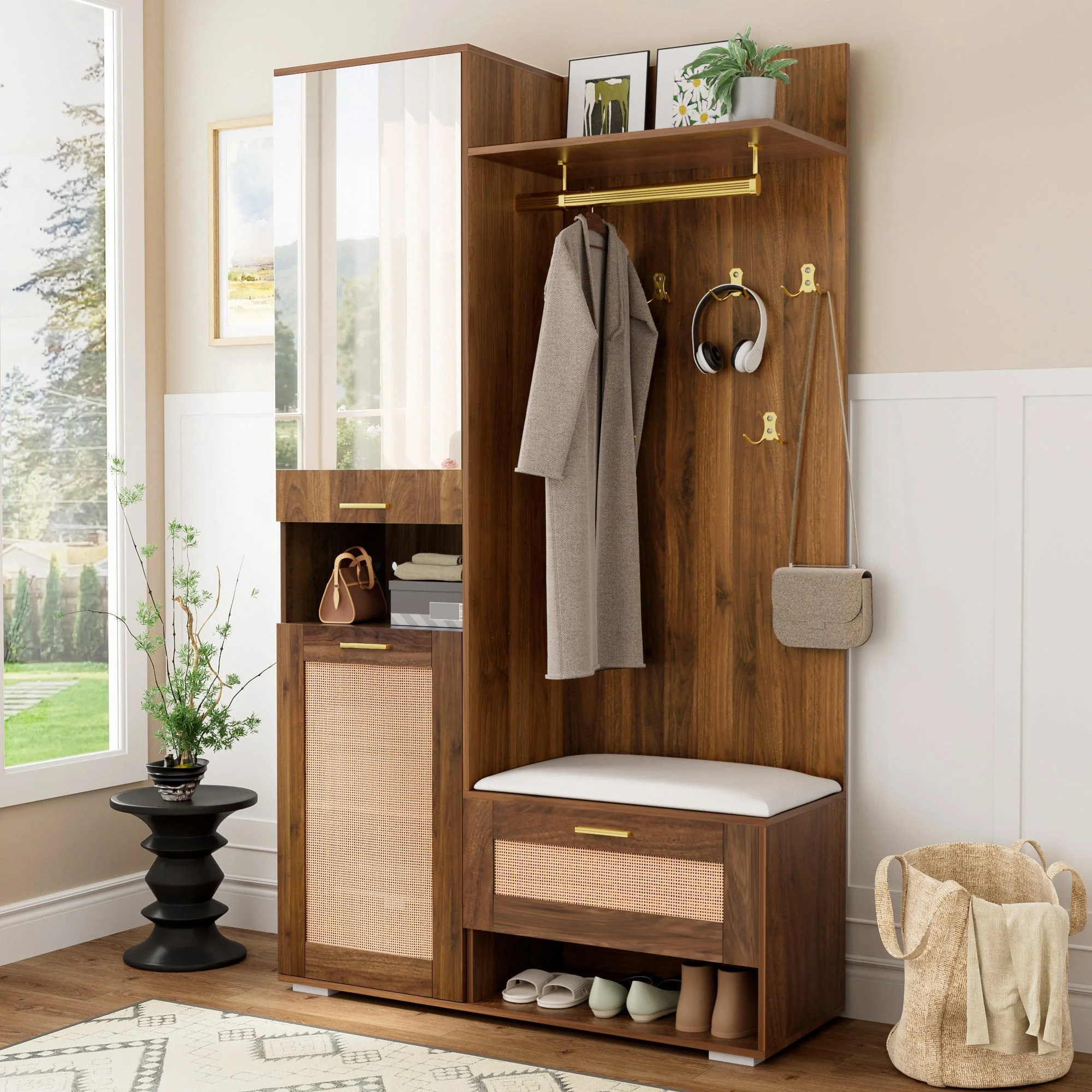 Wardrobe Set Mirror Shoe Cabinet Bench 6 Hooks - 16-Color LED Lighting - Image 3
