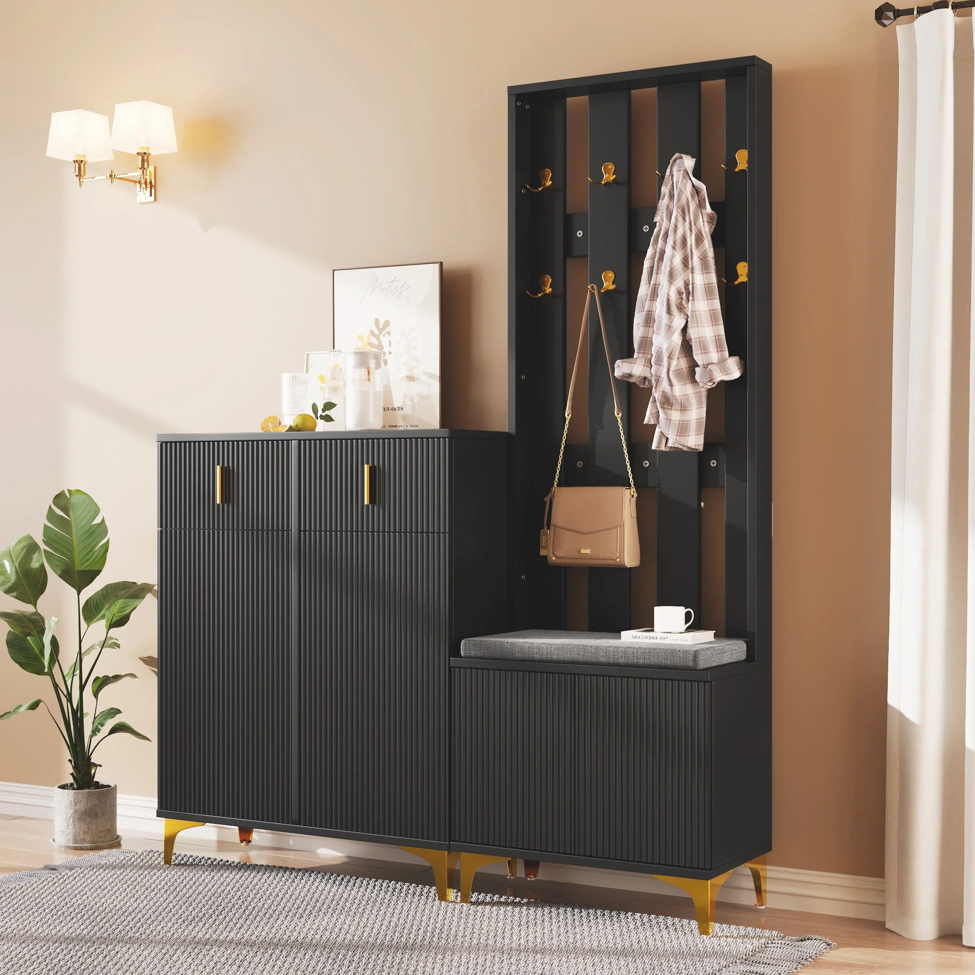Wardrobe Set, Shoe Bench, Hooks, Drawers & Doors, Black Particleboard - Image 5