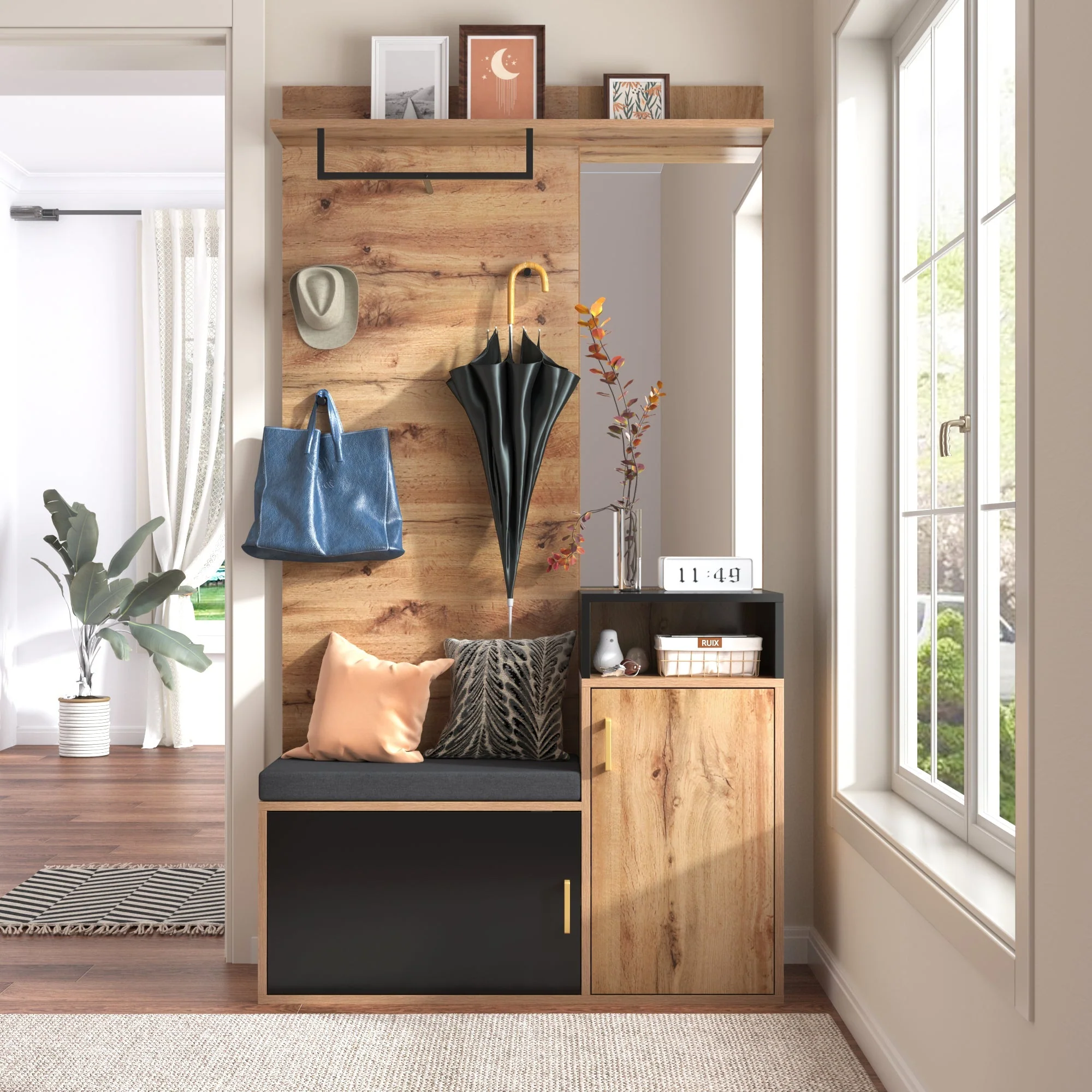 Wardrobe Set with 4 Coat Hooks, Mirror & Shoe Cabinet