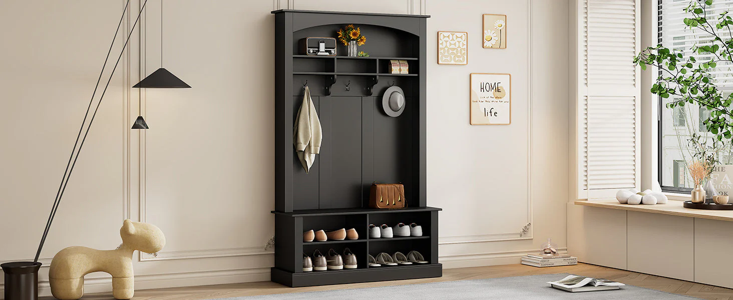 Wardrobe set with bench and shoe rack, multifunctional storage, black - Image 12