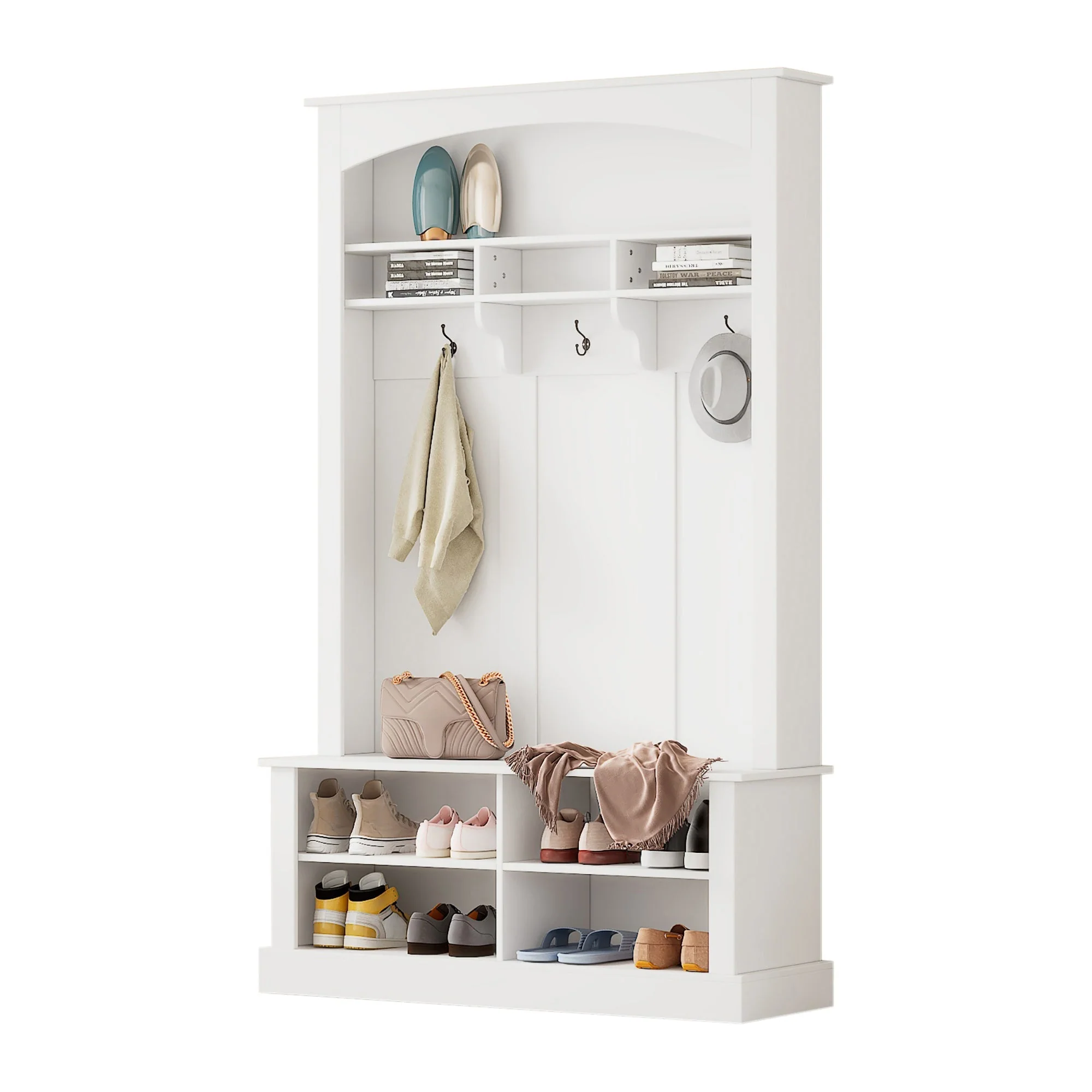 Wardrobe set with bench and shoe rack, multifunctional, storage, white - Image 3