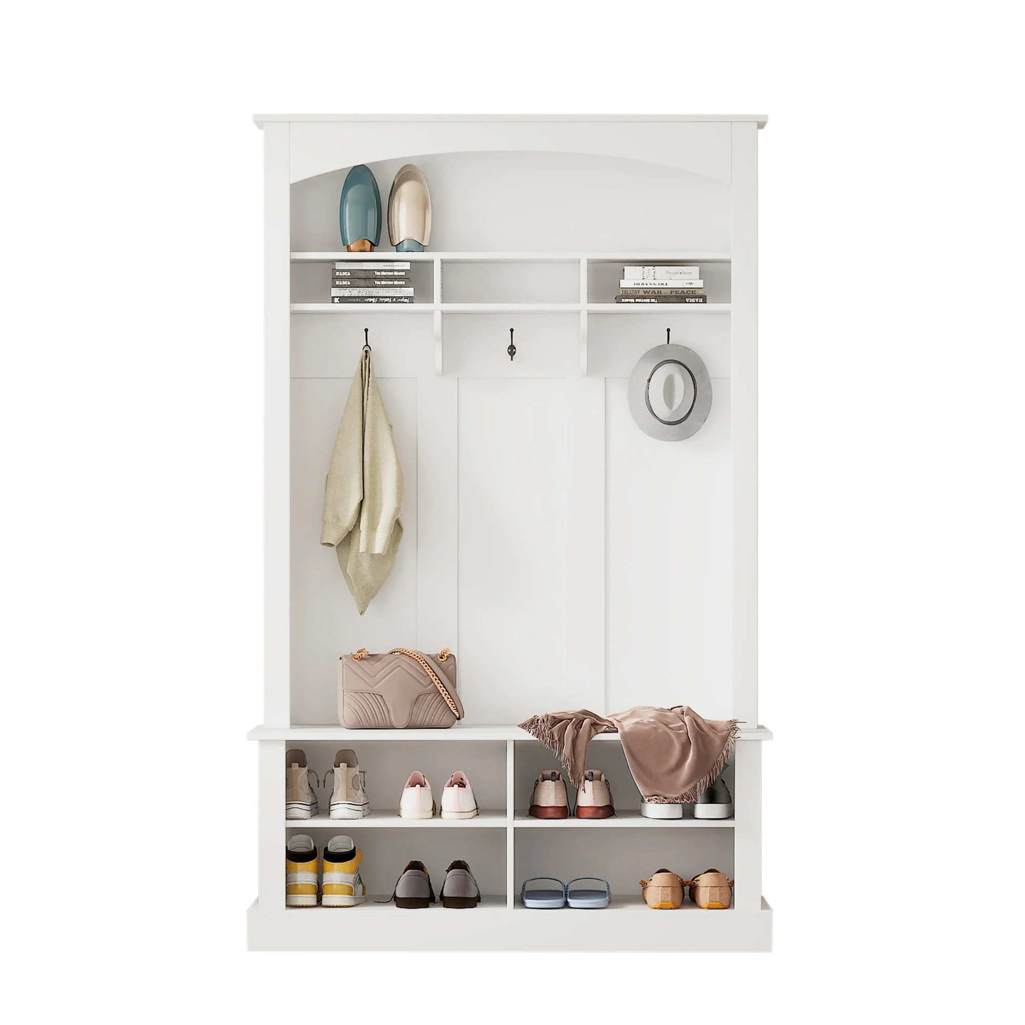Wardrobe set with bench and shoe rack, multifunctional, storage, white - Image 4