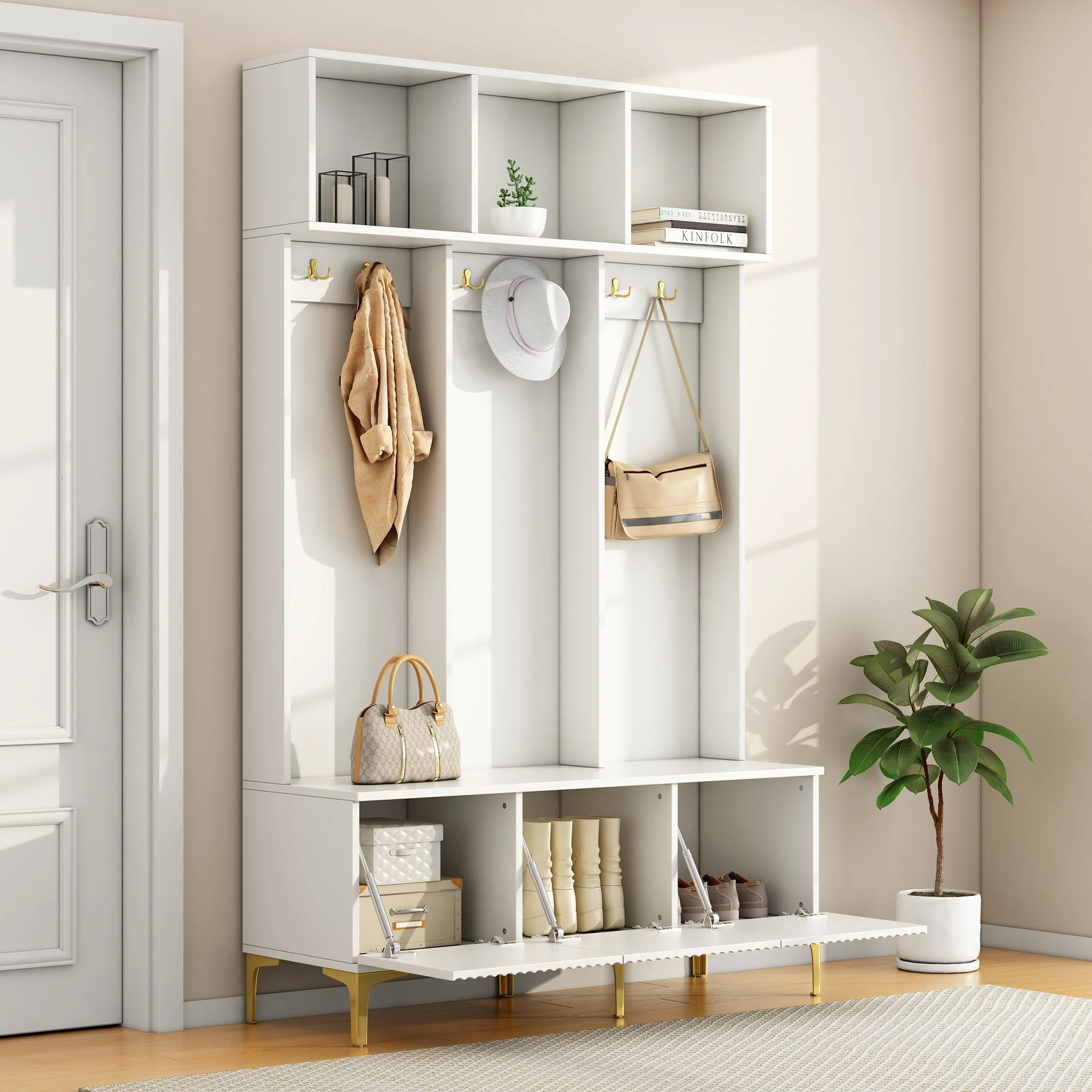 Wardrobe Set with Bench, Multifunctional Storage, 6 Hooks, White