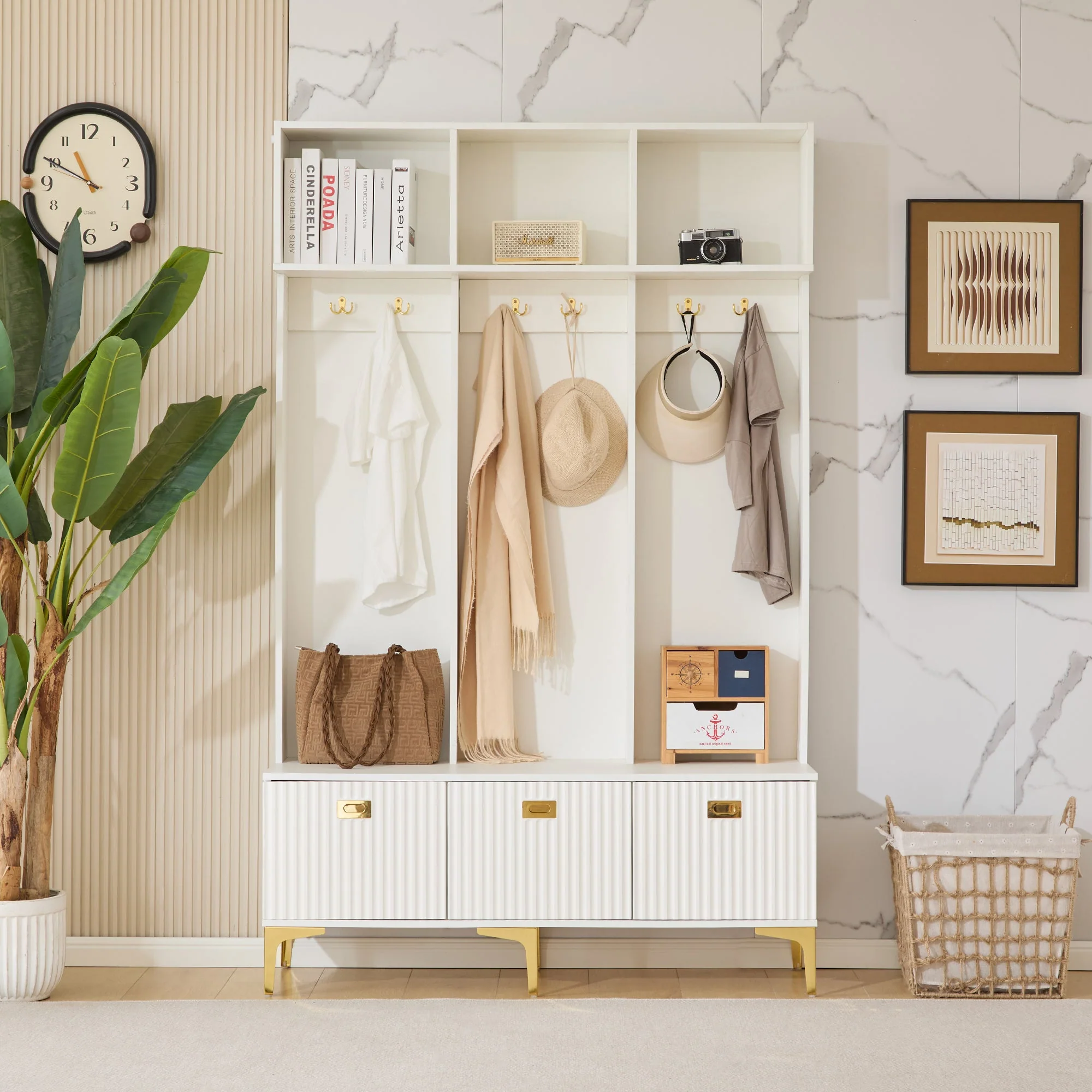 Wardrobe Set with Bench, Multifunctional Storage, 6 Hooks, White - Image 4