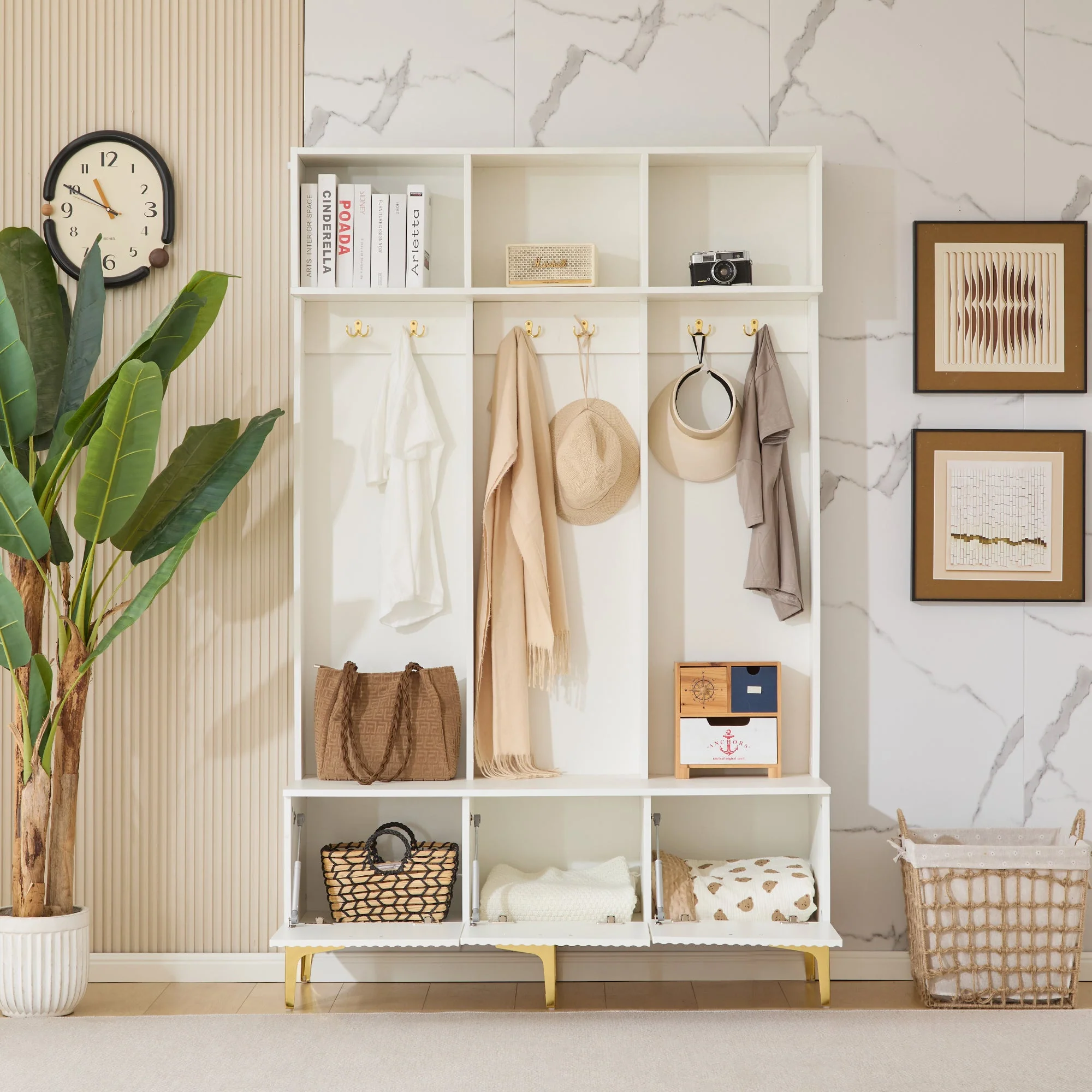 Wardrobe Set with Bench, Multifunctional Storage, 6 Hooks, White - Image 6
