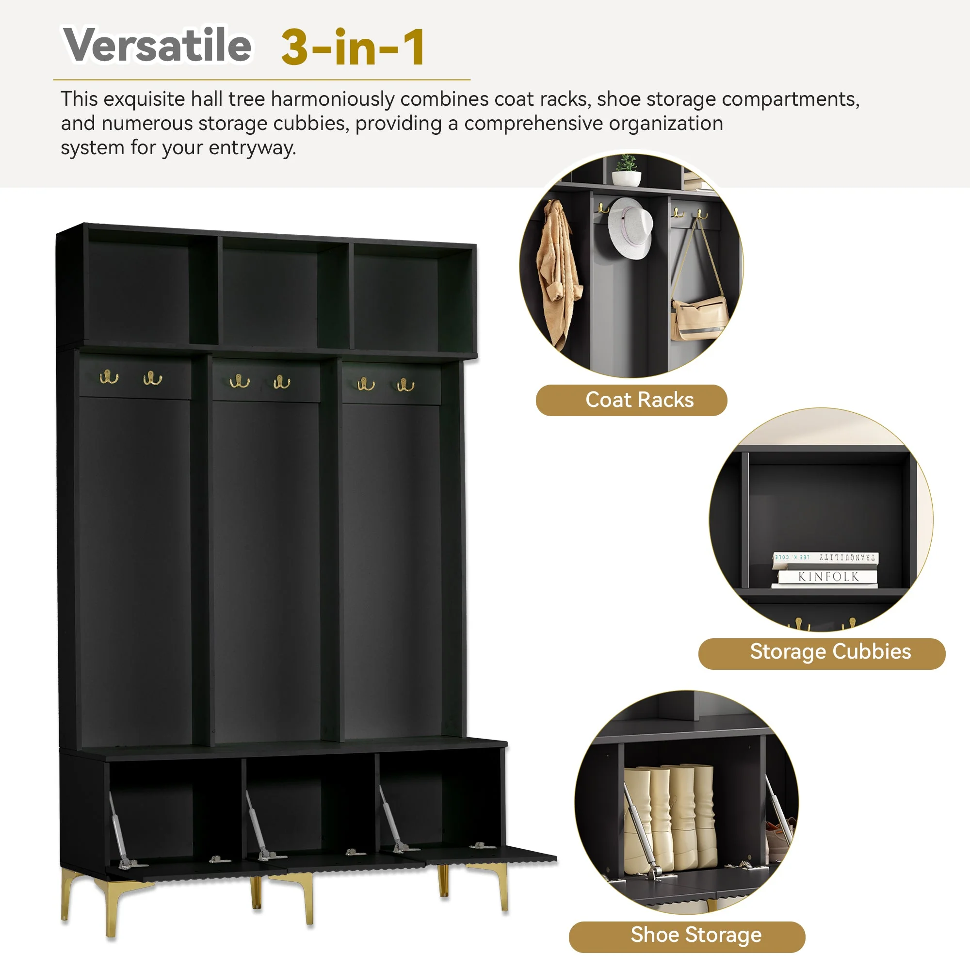Wardrobe Set with Bench, Multifunctional Storage, Open Storage, 6 Golden Hooks, Black - Image 12