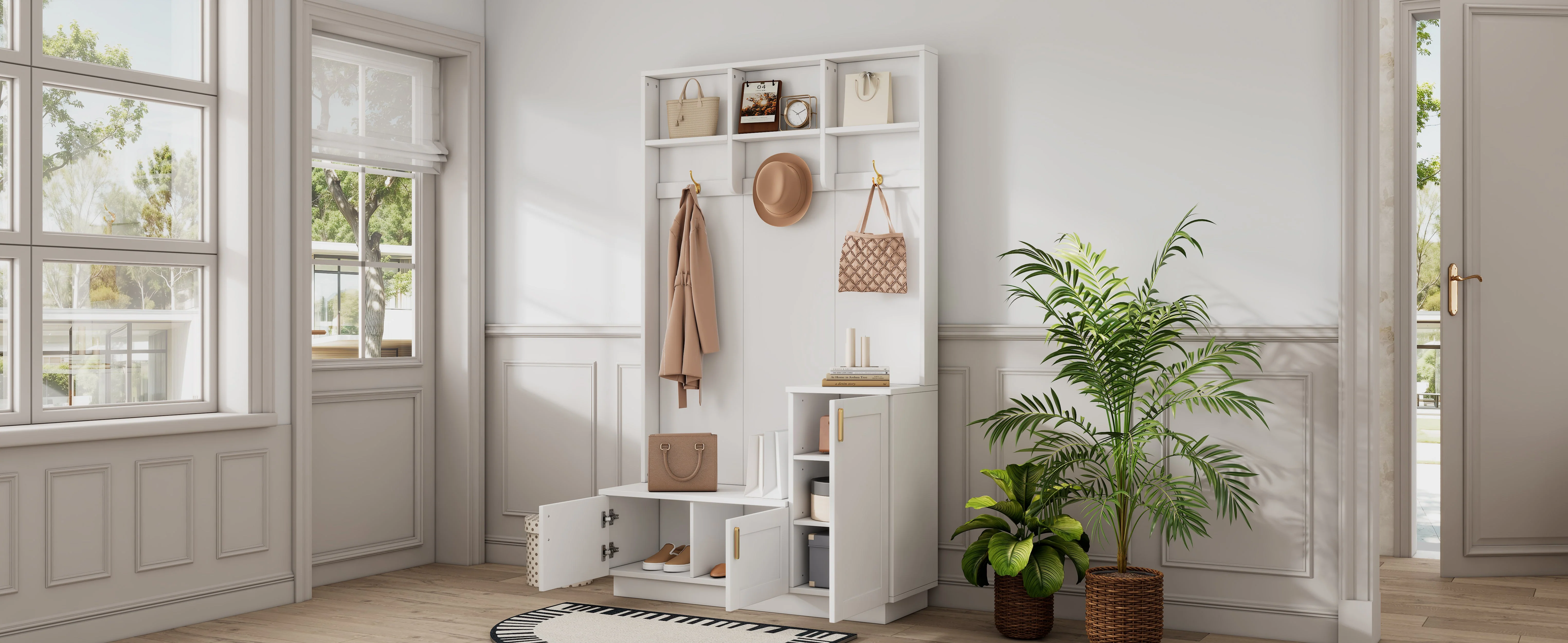 Wardrobe Set with Bench & Shoe Rack, Multifunctional Storage, White - Image 4