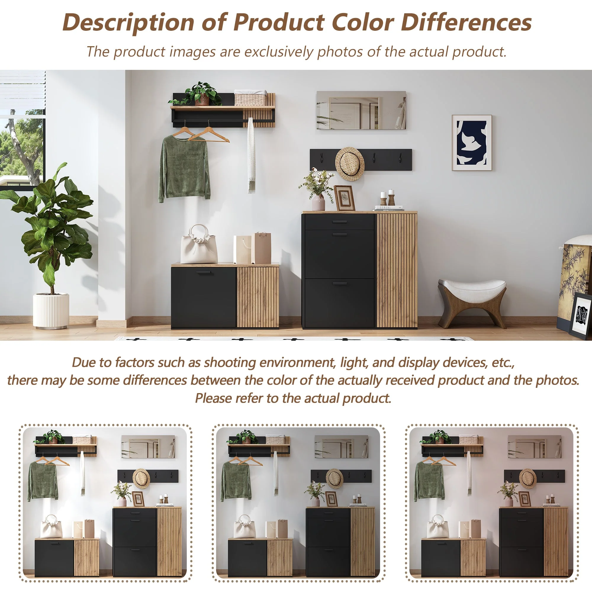 Wardrobe Set with Mirror, 2 Shoe Cabinets & Bench, Hallway Storage - Image 3