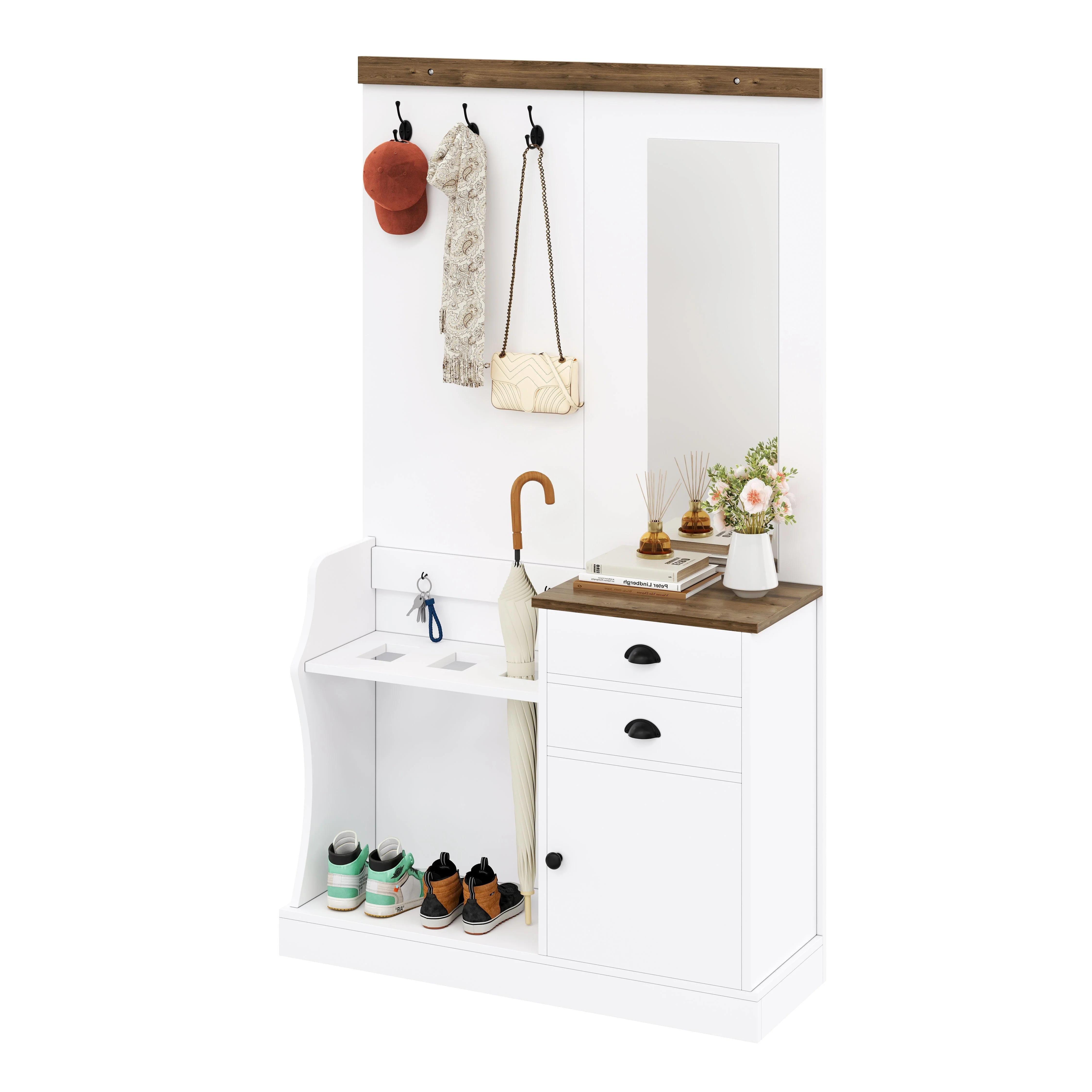 Wardrobe Set with Mirror, Hooks, Drawers & Umbrella Stand, Wood and White - Image 2