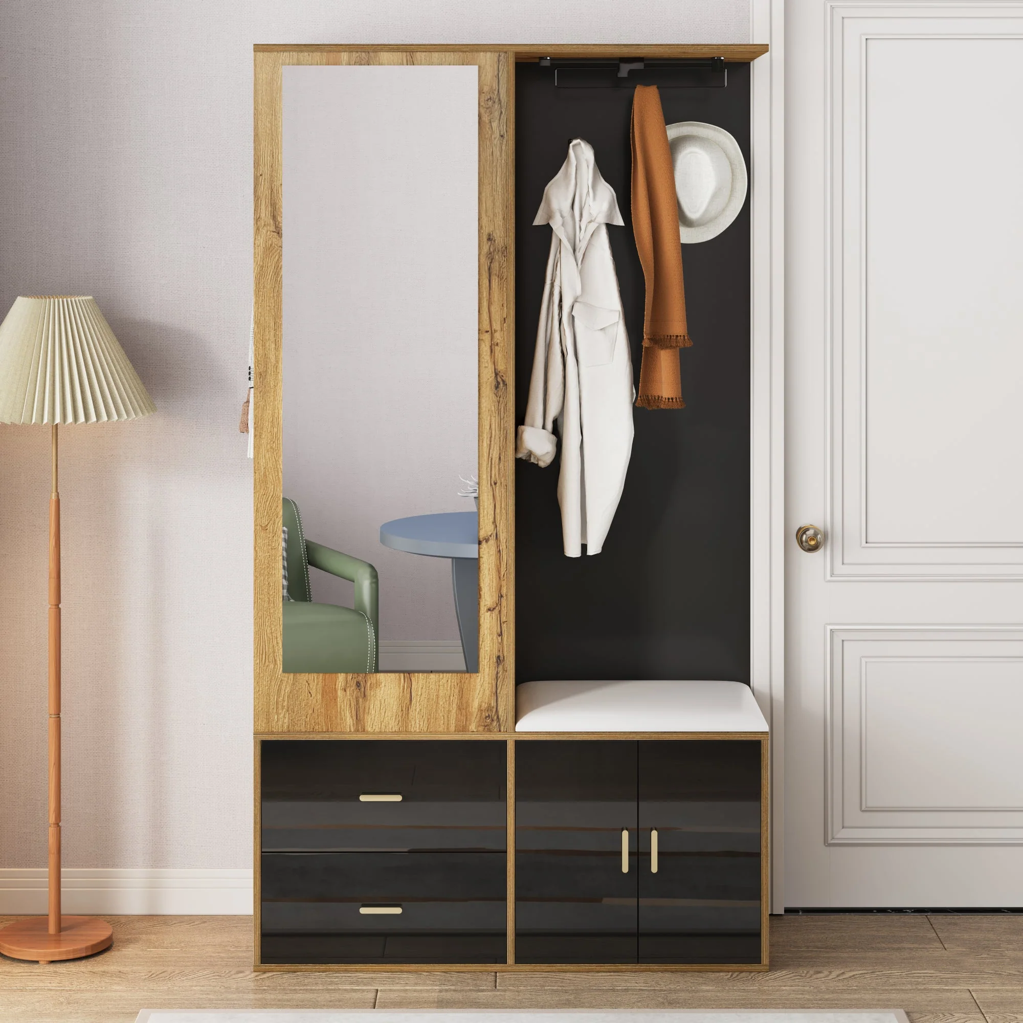 Wardrobe Set with Mirror, Shoe Cabinet & Bench, Black and Wood - Image 2