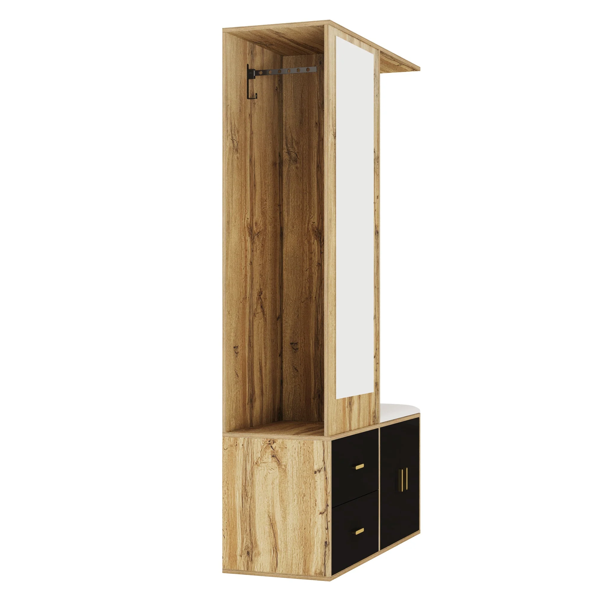 Wardrobe Set with Mirror, Shoe Cabinet & Bench, Black and Wood - Image 7