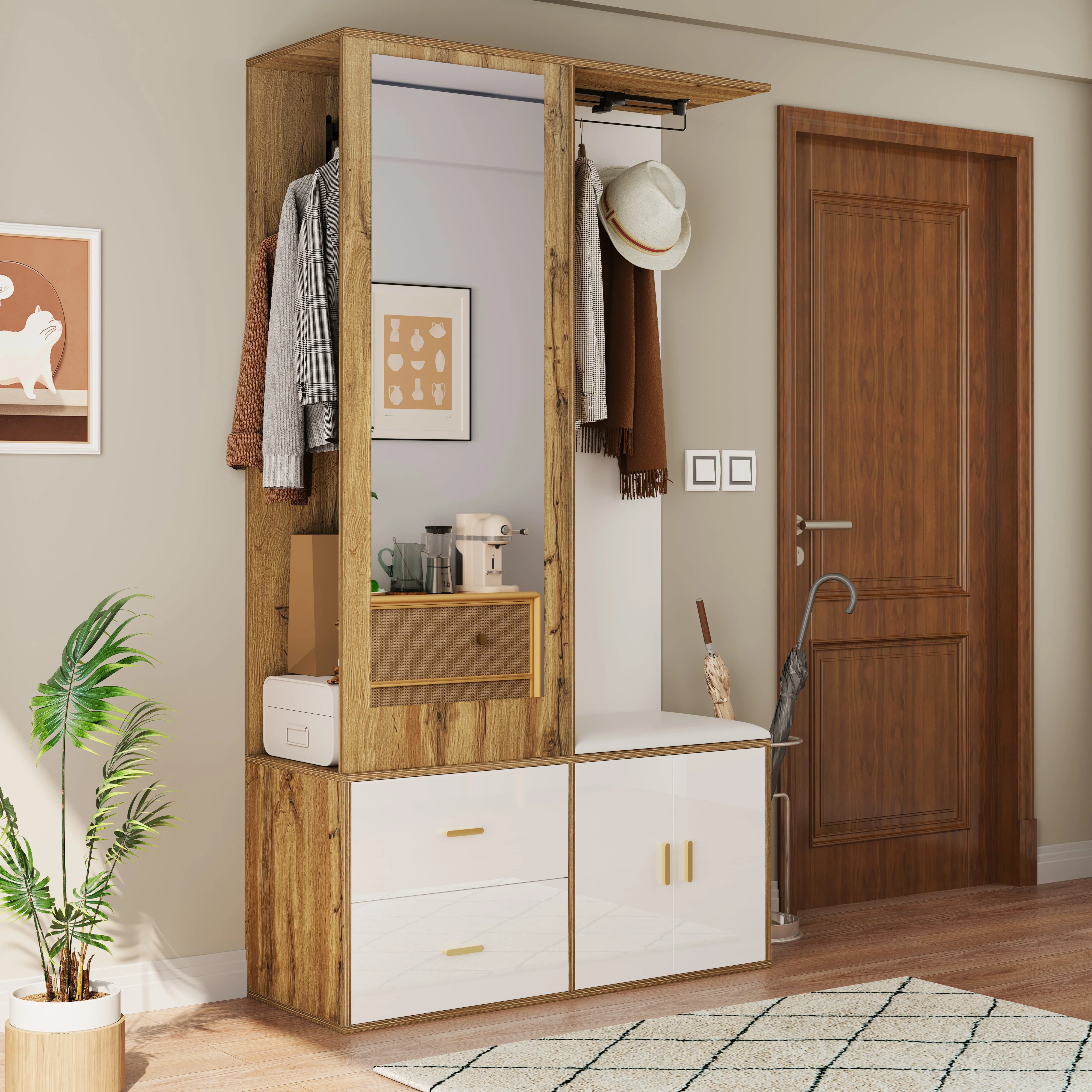 Wardrobe Set with Mirror, Shoe Cabinet & Bench, White and Wood - Image 2