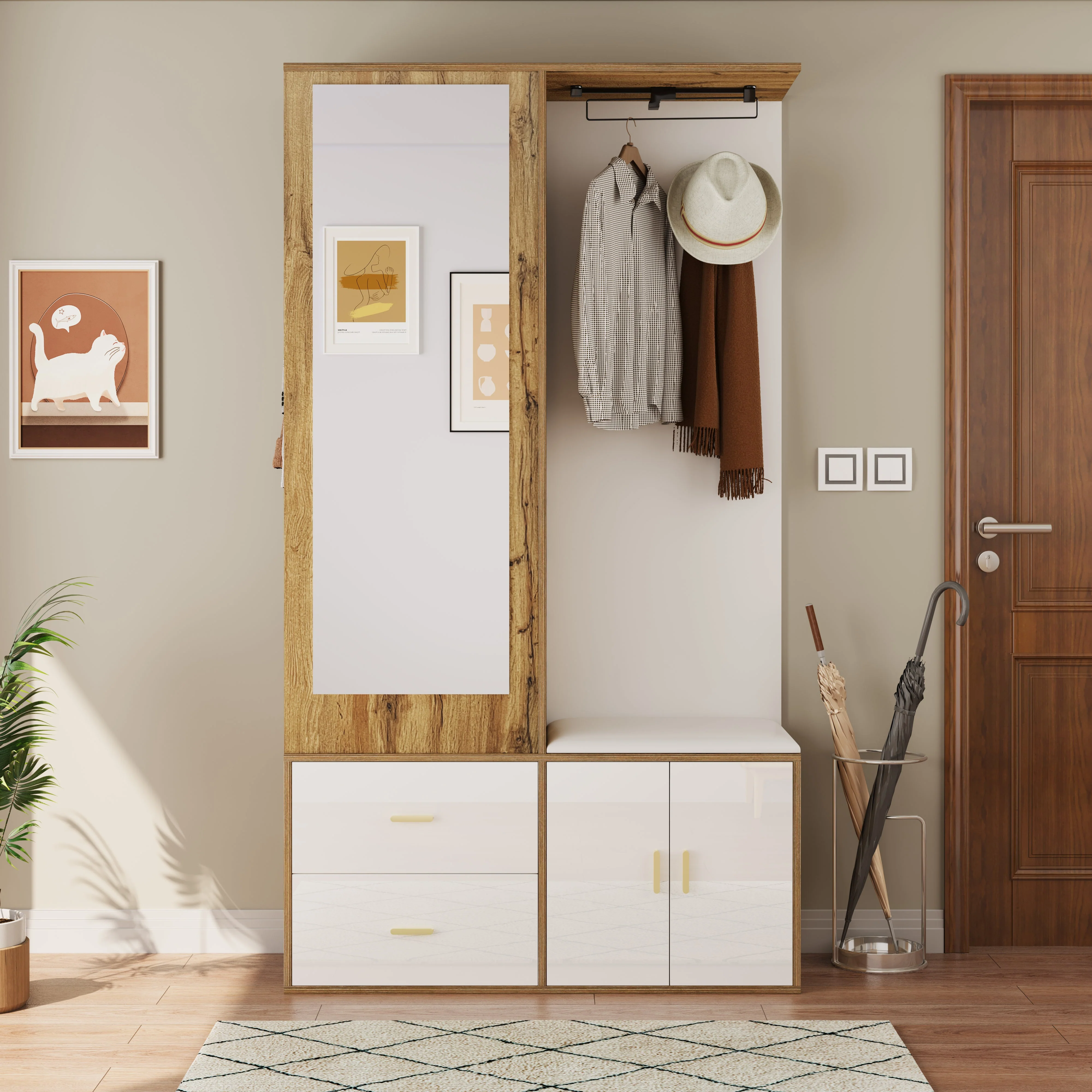 Wardrobe Set with Mirror, Shoe Cabinet & Bench, White and Wood - Image 7