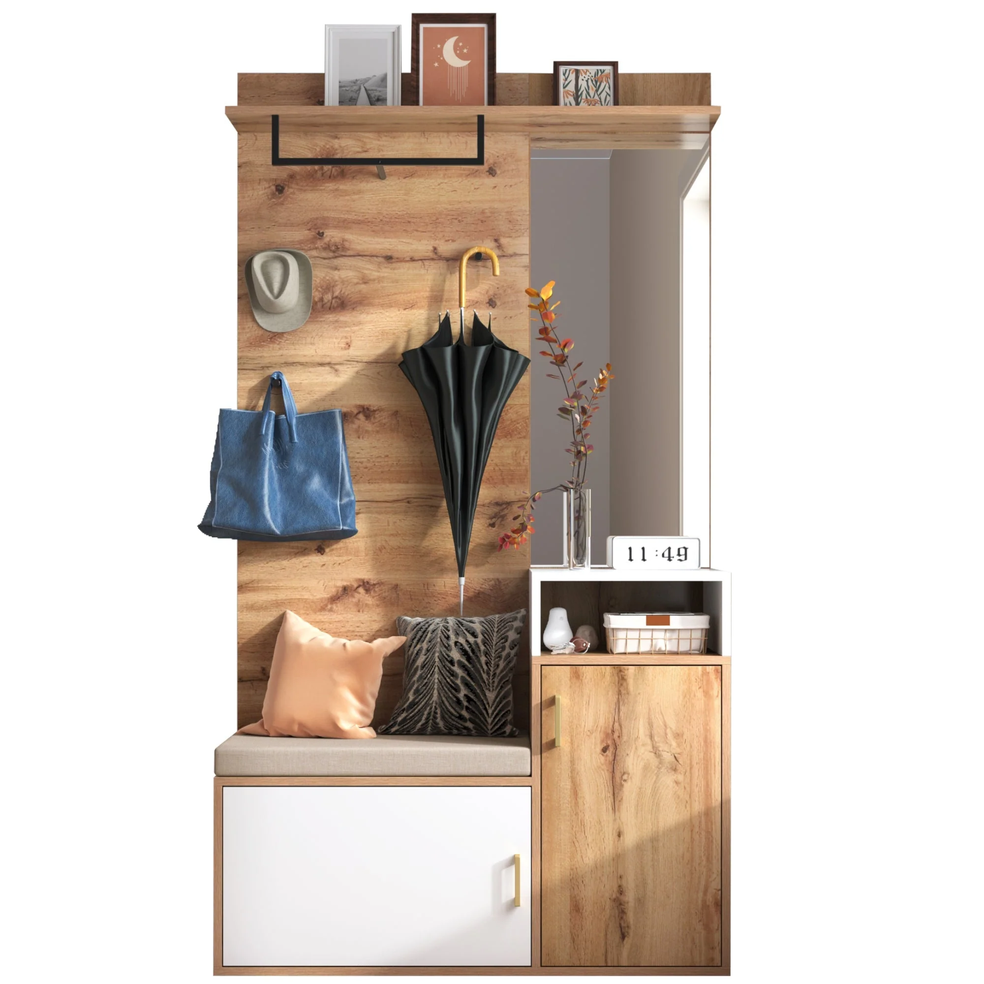 Wardrobe Set with Mirror, Shoe Cabinet, Coat Rack, Bench, Hooks - White and Wood-colored - Image 2