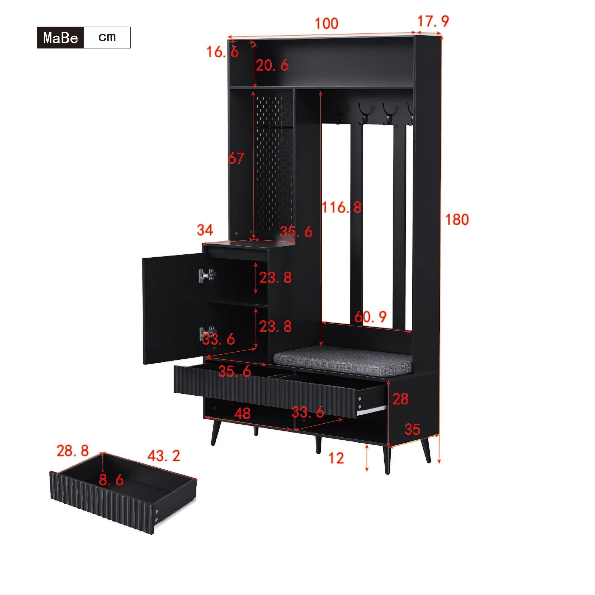 Wardrobe set with shoe bench, 4 coat hooks, two drawers, 1 door, black - Image 10